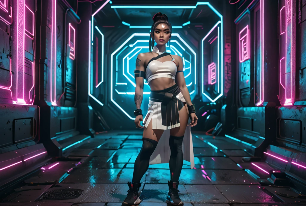 A beautiful buff Asian female martial artist wearing a white Greco-Roman toga that covers hwr chest with a cyberpunk vaporwave aesthetic. She wears a toga like outfit. She has massive muscles. She wears a battle skirt and wears a white cape. High quality, highly detailed. 20k Wallpaper quality. Neon vaporwave style. Full body in frame, wearing a black sports bra and black sports shorts underneath. Full body. A cyberpunk background with ancient buildings.