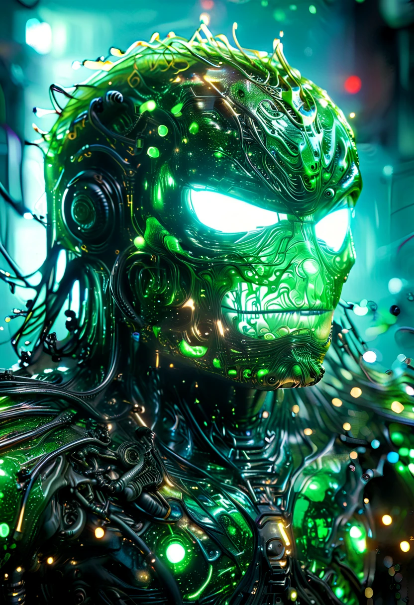 slime robot de color verde, mucocidad verde:1.5, transparent body with visible internal wiring, highly detailed, hyper realistic, 8k, photorealistic, cinematic lighting, glowing blue circuitry, futuristic, intricate mechanical design, metallic textures, sleek and modern, complex machinery, advanced technology, cyberpunk aesthetic, moody atmosphere, dramatic shadows, vibrant colors, neon accents