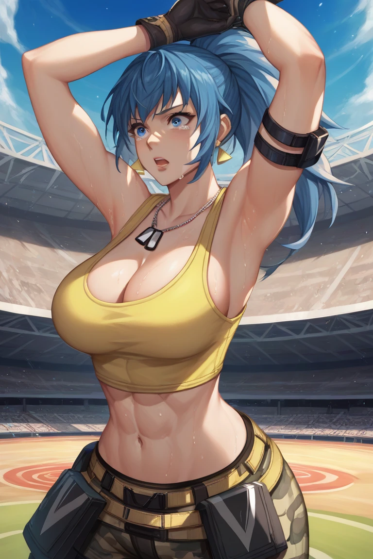 score_9, score_8_up, score_7_up, source_anime, solo, 1girl, Leona Heidern, dark yellow tank top, midriff, cleavage, camouflage pants, triangle earrings, black gloves, looking at armpit, parted lips, dark blue hair, blue eyes, ponytail, dog tags, military background, armpit open up, hands tied, muscular, sweaty, shoulder bracelet, looking at side, scared, open mouth, crying, colosseum, blue sky, clear sky, lying on ground 