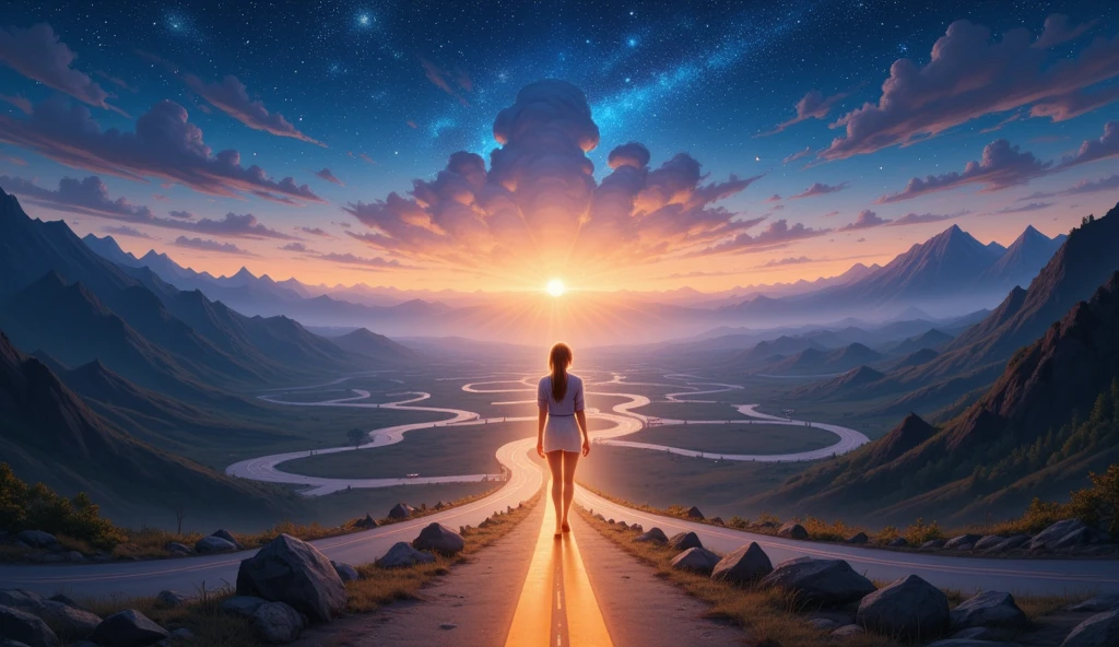 In the poster, a beautiful woman stands at a bright crossroads of many paths, each reaching to the horizon. The paths are illuminated by a soft, golden glow, contrasting with the gathering dusk of the sky filled with constellations. The character is outlined by radiant light, symbolizing courage and hope. Key Details: Foreground: The character stands confidently, his pose suggesting movement and determination. Background: The paths wind through a diverse landscape of mountains, forests, and plains, seamlessly merging with a sky filled with stars and galaxies.