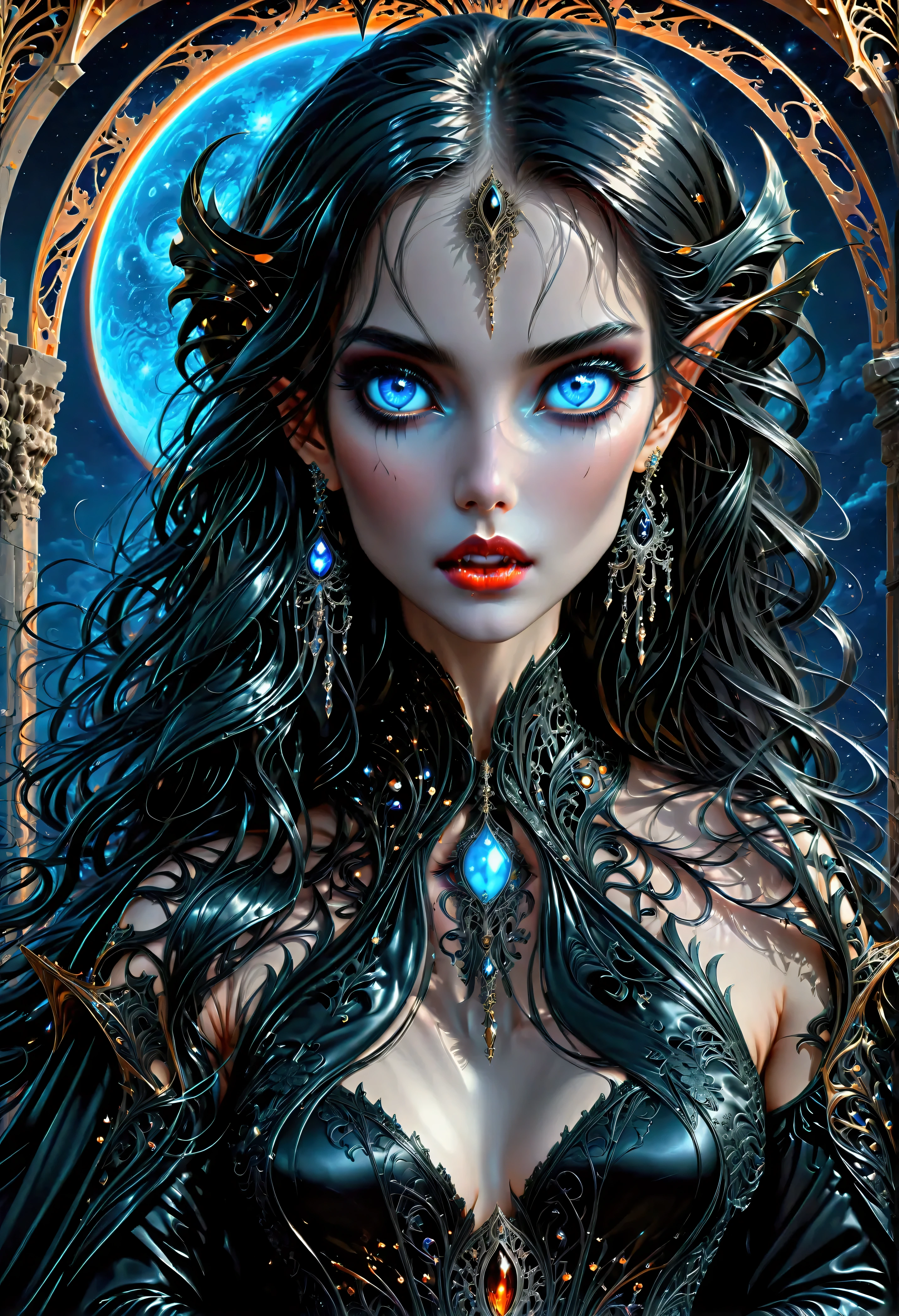 art deco illustration, gothic art, (masterpiece:1.5), full body best details, highly detailed, best quality, highres, full body portrait of a female vampire, (Masterpiece, best quality: 1.6), ultra feminine, with a long curvy hair, black hair, glowing blue eyes, busty, ((beautiful delicate face)), Ultra Detailed Face (intricate details, fantasy art, Masterpiece, best quality: 1.5), ((vampiric fangs 1.5)), flowing cloak (intricate details, fantasy art, Masterpiece, best quality: 1.3), wearing an intricate (black silk dress: 1.4) intricate leather dress (intricate details, fantasy art, Masterpiece, best quality: 1.5), high heeled boots, fantasy urban background (intense details, beat details), fantasy, at night light, natural ,moon light, clouds, gothic atmosphere, soft light, dynamic light, [[anatomically correct]], high details, best quality, 8k, [ultra detailed], masterpiece, best quality, (extremely detailed), dynamic angle, rpg portrait, photograph, Perfect Fangs,
