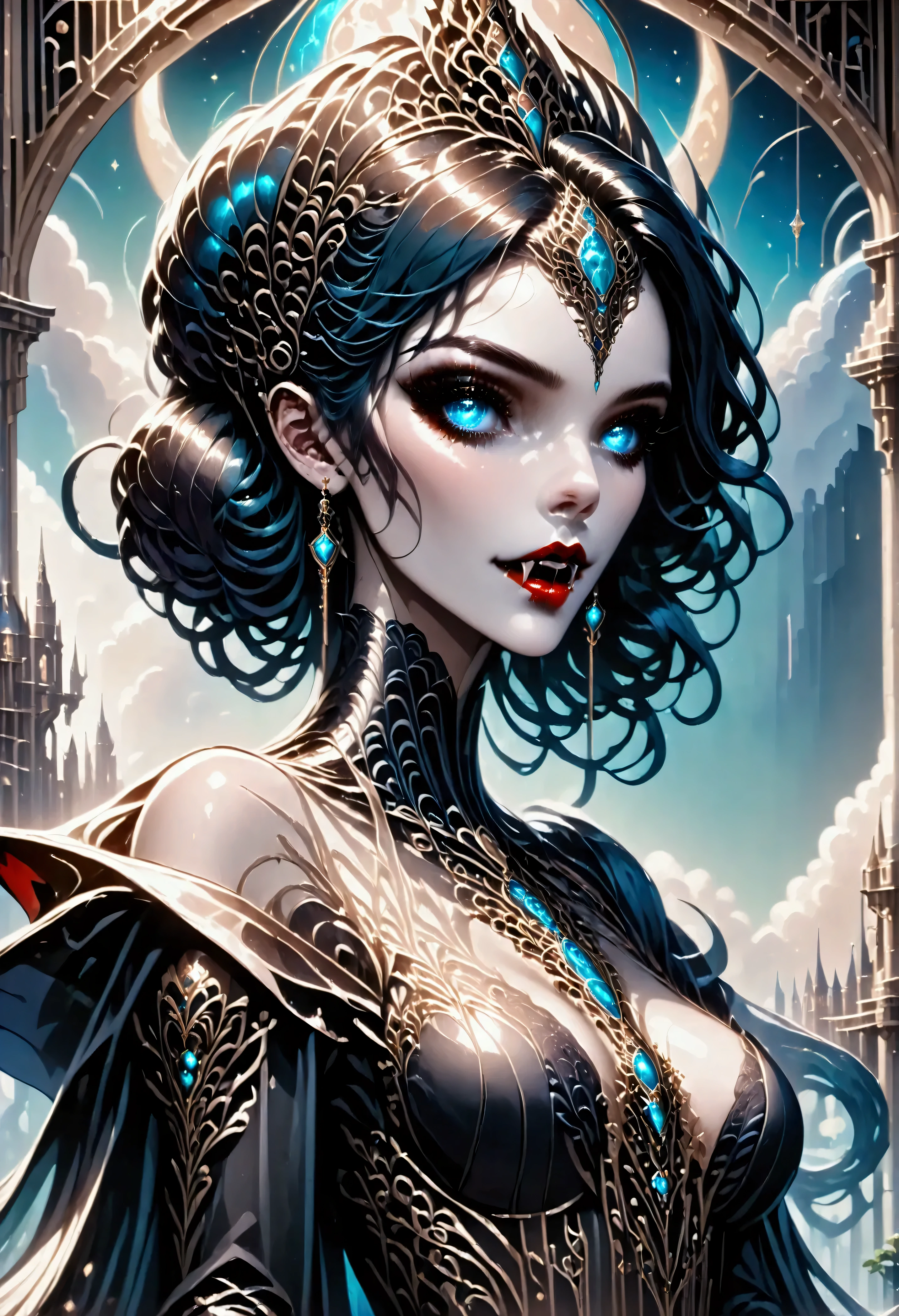 art deco illustration, gothic art, (masterpiece:1.5), full body best details, highly detailed, best quality, highres, full body portrait of a female vampire, (Masterpiece, best quality: 1.6), ultra feminine, with a long curvy hair, black hair, glowing blue eyes, busty, ((beautiful delicate face)), Ultra Detailed Face (intricate details, fantasy art, Masterpiece, best quality: 1.5), ((vampiric fangs 1.5)), flowing cloak (intricate details, fantasy art, Masterpiece, best quality: 1.3), wearing an intricate (black silk dress: 1.4) intricate leather dress (intricate details, fantasy art, Masterpiece, best quality: 1.5), high heeled boots, fantasy urban background (intense details, beat details), fantasy, at night light, natural ,moon light, clouds, gothic atmosphere, soft light, dynamic light, [[anatomically correct]], high details, best quality, 8k, [ultra detailed], masterpiece, best quality, (extremely detailed), dynamic angle, rpg portrait, photograph, Perfect Fangs,
