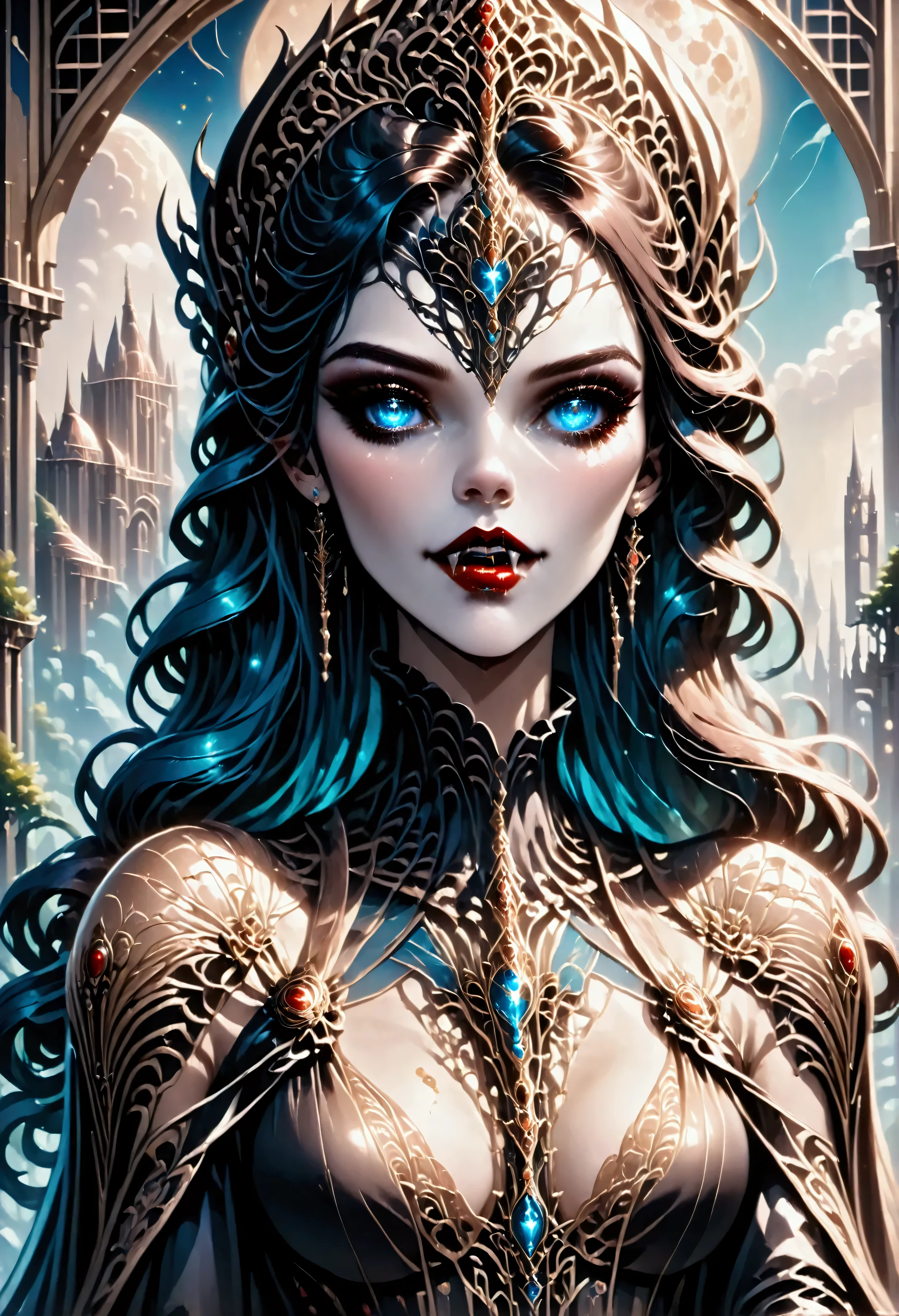 art deco illustration, gothic art, (masterpiece:1.5), full body best details, highly detailed, best quality, highres, full body portrait of a female vampire, (Masterpiece, best quality: 1.6), ultra feminine, with a long curvy hair, black hair, glowing blue eyes, busty, ((beautiful delicate face)), Ultra Detailed Face (intricate details, fantasy art, Masterpiece, best quality: 1.5), ((vampiric fangs 1.5)), flowing cloak (intricate details, fantasy art, Masterpiece, best quality: 1.3), wearing an intricate (black silk dress: 1.4) intricate leather dress (intricate details, fantasy art, Masterpiece, best quality: 1.5), high heeled boots, fantasy urban background (intense details, beat details), fantasy, at night light, natural ,moon light, clouds, gothic atmosphere, soft light, dynamic light, [[anatomically correct]], high details, best quality, 8k, [ultra detailed], masterpiece, best quality, (extremely detailed), dynamic angle, rpg portrait, photograph, Perfect Fangs,
