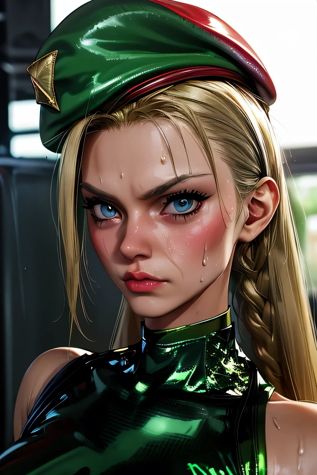  top quality , highest resolution,(((latex green leotard with metallic luster　red beret with metallic luster　Shiny Blonde　sweat))) Cammy　 twin tails　 braids　sea