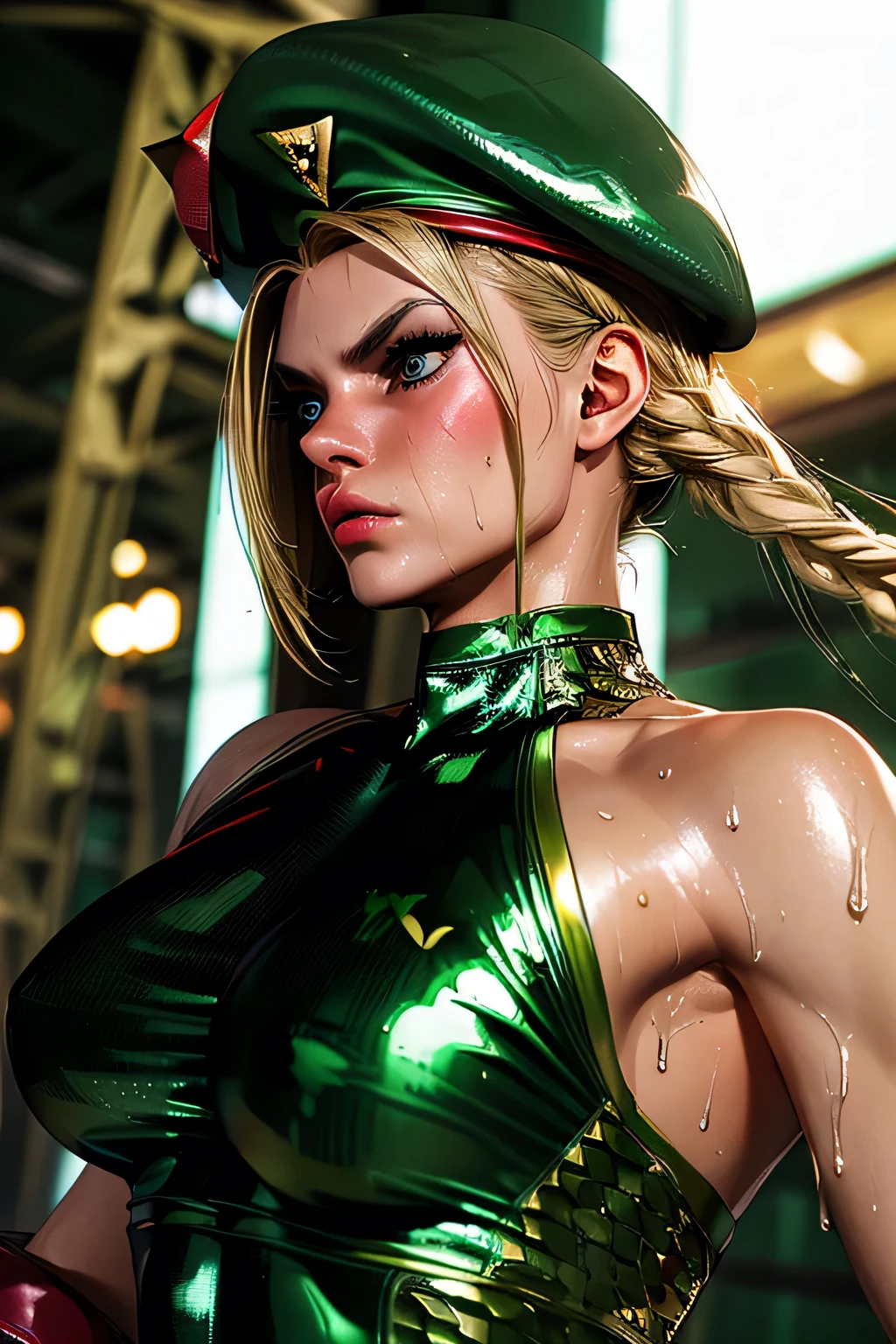  top quality , highest resolution,(((latex green leotard with metallic luster　red beret with metallic luster　Shiny Blonde　sweat))) Cammy　 twin tails　 braids　sea