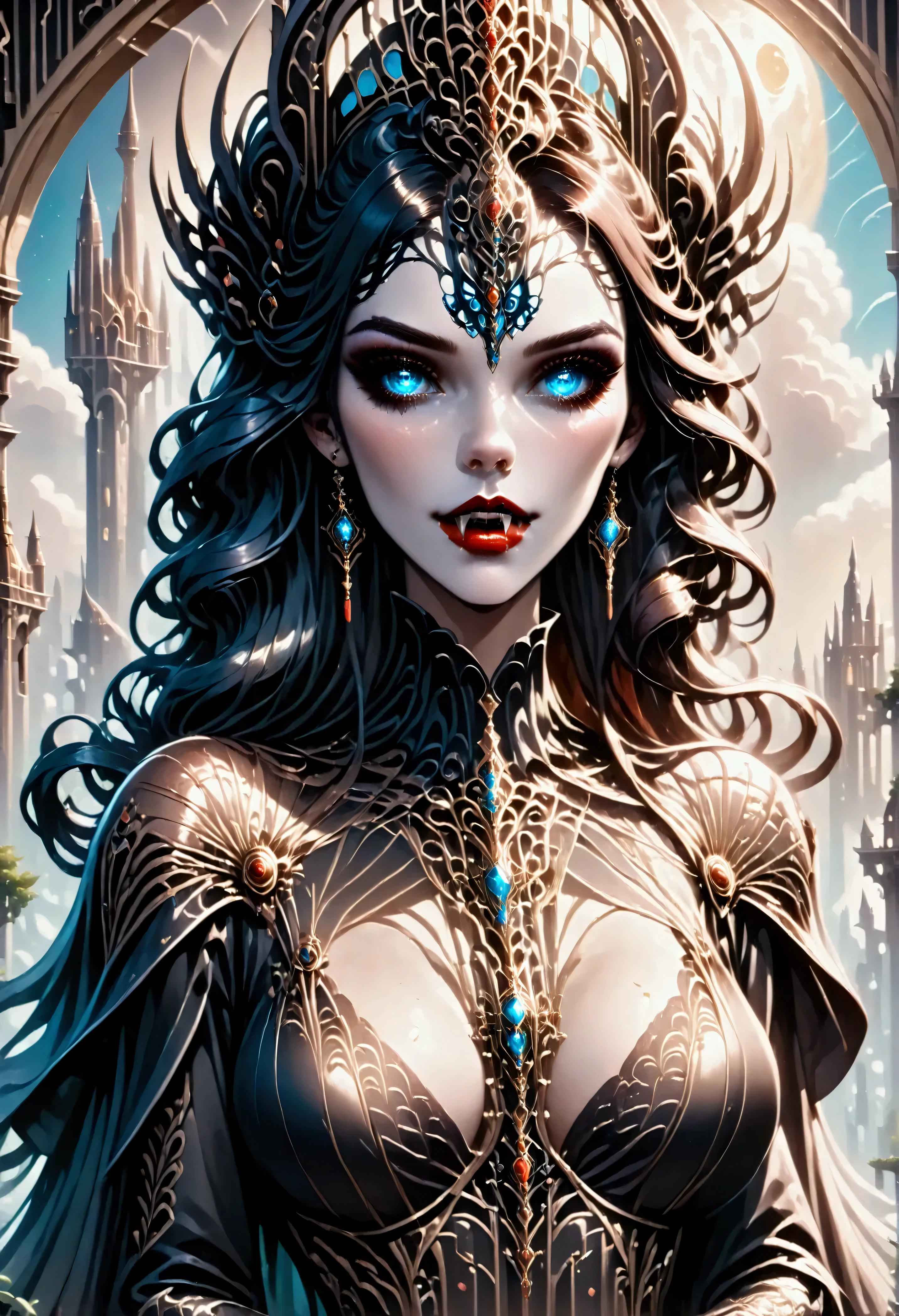 art deco illustration, gothic art, (masterpiece:1.5), full body best details, highly detailed, best quality, highres, full body portrait of a female vampire, (Masterpiece, best quality: 1.6), ultra feminine, with a long curvy hair, black hair, glowing blue eyes, busty, ((beautiful delicate face)), Ultra Detailed Face (intricate details, fantasy art, Masterpiece, best quality: 1.5), ((vampiric fangs 1.5)), flowing cloak (intricate details, fantasy art, Masterpiece, best quality: 1.3), wearing an intricate (black silk dress: 1.4) intricate leather dress (intricate details, fantasy art, Masterpiece, best quality: 1.5), high heeled boots, fantasy urban background (intense details, beat details), fantasy, at night light, natural ,moon light, clouds, gothic atmosphere, soft light, dynamic light, [[anatomically correct]], high details, best quality, 8k, [ultra detailed], masterpiece, best quality, (extremely detailed), dynamic angle, rpg portrait, photograph, Perfect Fangs,
