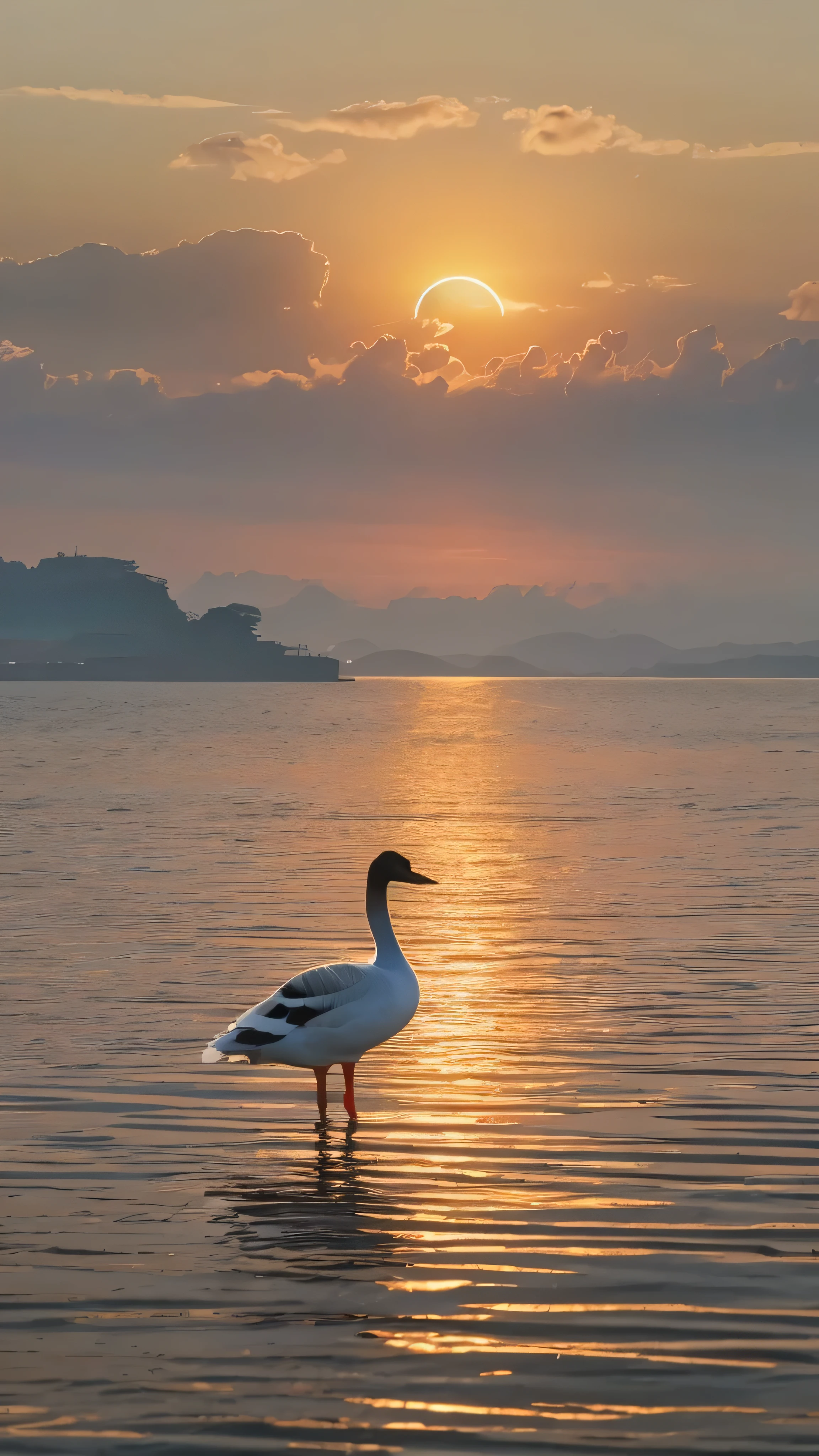 The sun fades away with a lonely goose in the distance,   Sunlight flies with geese on an isolated island in a remote sea、The water of the autumn ocean is connected to the vast sky , 