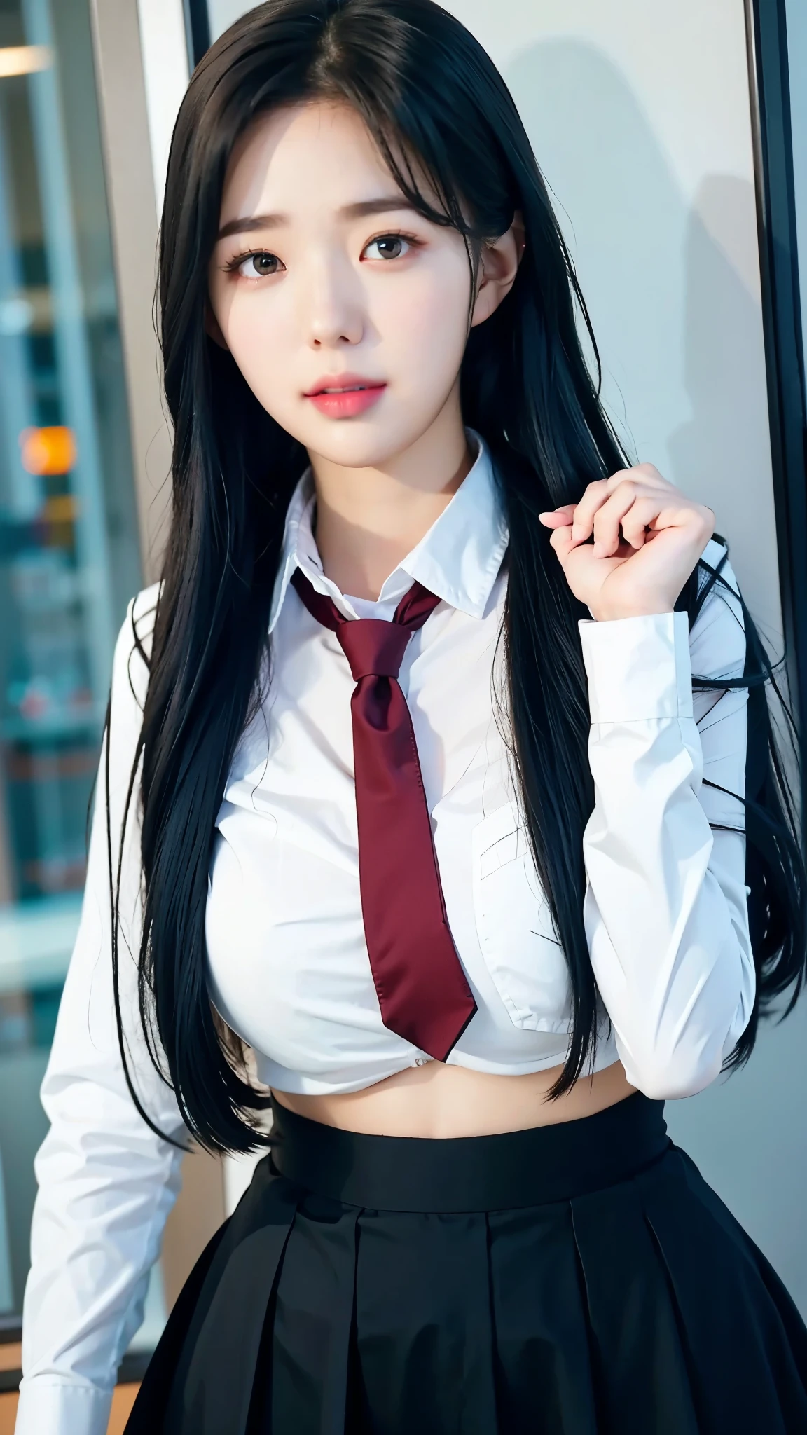 realistic girl with long black hair and a white shirt and red tie, seductive anime girl, from girls frontline, realistic schoolgirl, a hyperrealistic schoolgirl, gapmoe yandere, hyperrealistic schoolgirl, kantai collection style, beautiful anime high school girl, by Jin Homura, ecchi anime style, attractive anime girl, marin kitagawa fanart, yandere, croptop