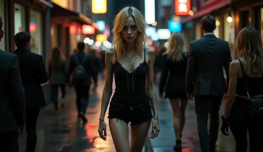 Night, realistic, photography showing a frail, drug-addicted young blonde woman, resembling Emma Stone, with a large interpupillary distance. She has smokey eyes, wears black shorts and flat black shoes, her thin and fragile body moving unsteadily like a drug addict. Seen from the front, she walks down a bustling New York City pedestrian walkway at night, neon lights from vibrant signs glowing above and reflecting off the wet pavement. She moves against the flow of pedestrians, who part slightly to avoid her, their faces blurred and indifferent. Her hollow, unfocused eyes and slouched posture emphasize her despair and isolation amidst the crowd