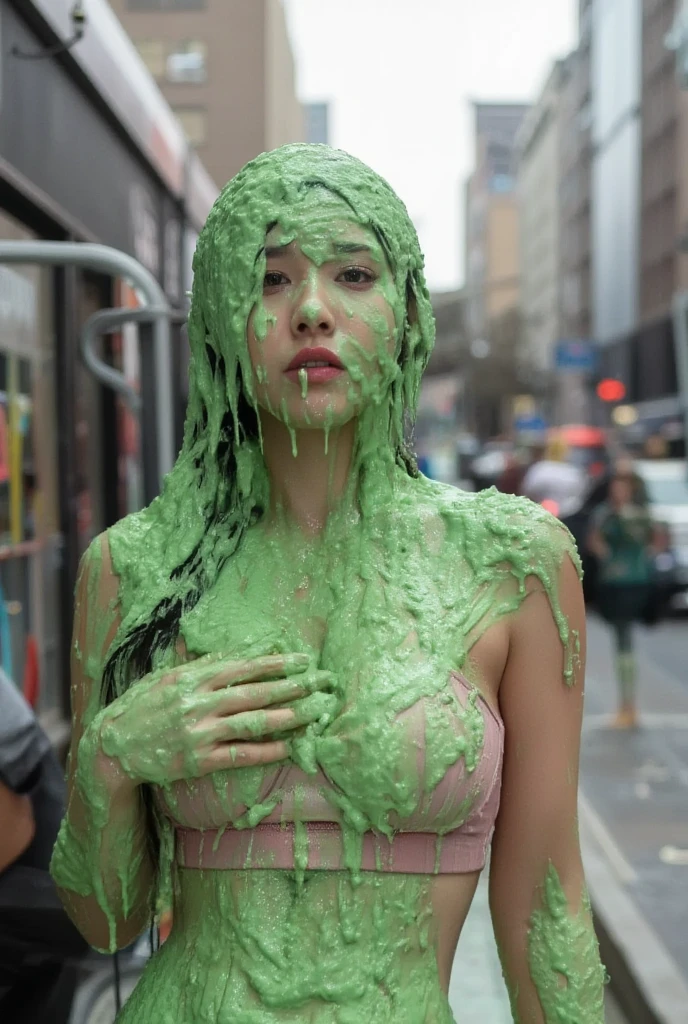 DSLR photograph. Beautiful Korean woman covered in green water. Photorealistic. Wet liquid. Nasty slime. Raw photo. Wearing pink push-up bra. New York City streets. Daytime. Green Slime. Dripping green goo. 21 years old. (Korean: 1.2). Ponytail. Green water. Portrait photo. Cleavage. Beautiful Korean face. grabbing her boobs. Monolid eyes. Mascara. Black eyeliner. Instagram model makeup. Water drop. Splashing.