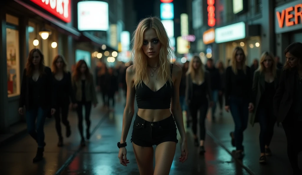 Night, realistic, photography showing a frail, drug-addicted young blonde woman, resembling Emma Stone, with a large interpupillary distance. She has smokey eyes, wears black shorts and flat black shoes, her thin and fragile body moving unsteadily like a drug addict. Seen from the front, she walks down a bustling New York City pedestrian walkway at night, neon lights from vibrant signs glowing above and reflecting off the wet pavement. She moves against the flow of pedestrians, who part slightly to avoid her, their faces blurred and indifferent. Her hollow, unfocused eyes and slouched posture emphasize her despair and isolation amidst the crowd