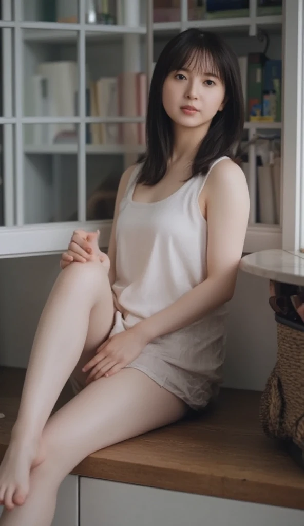 ((( top quality , very detailed,masterpiece, very detailed))) ,(((  bend your knees))),Loose chest, see-through, camisole, One Piece,barefoot, One Girl , realistic , lies down,bedroom、 looks sleepy
