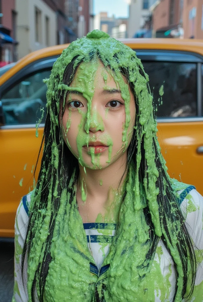 DSLR photograph. Beautiful Chinese woman covered in green water. Photorealistic. Wet liquid. Nasty slime. Raw photo. (Wearing schoolgirl sailor uniform: 1.2). New York City streets. Daytime. Green Slime. Dripping green goo. 21 years old. (Asian: 1.1). pigtails. Green water. Portrait photo. Beautiful Asian face.