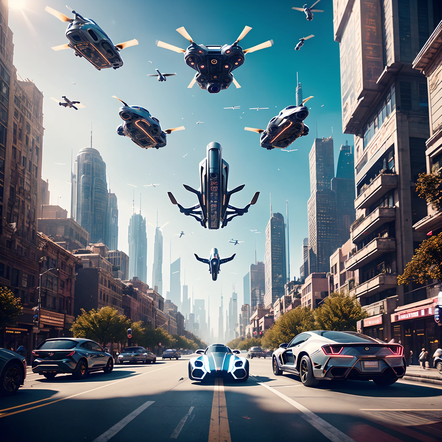 A sky filled with flying vehicles in a futuristic city, dozens of flying cars, dozens of drones all flying in different directions at different height levels. Major cities now have holographic advertising in mid air, on the sidewalks, everywhere. Photorealistic, surreal, dreamlike, ethereal, nightmarish kaleidoscope, cinematic photography, portrait photography, cinematic portrait, hyperreality, ultradetailed, optical illusion, weirdcore quality, master pieces. Photorealistic, cinematic photography, cinematic lighting, cinematic portrait, portrait photography, realistic, realism, ultra detailed, UHDR, full focus, highest quality, hyperrealistic,3D Rendering, 8K Octane, Cinematic, Cinematography, Digital Art, Photorealistic, Pixel Art, Pixel Assets, Depth Of Field, Best Quality, Award Winning, Masterpiece