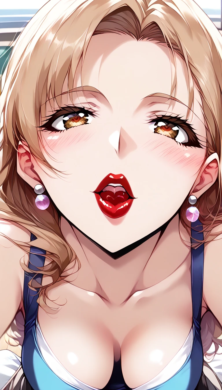 score_9, score_8_ up, score_7_ up,  Source_Anime, rating_ Explicit 　BREAK　Saito Mako 、 blond hair, gem,  earrings for women with first name, make up,  nail polish,  brown eyes, chest,  long hair, 
(a masterpiece portrait of a woman with ultra detailed features, in 8K resolution, with crisp quality and vibrant colors)、(from above, upper body, looking up)、(顔にフォーカスしたクローズ up写真)、woman、一人の成熟したwoman、 Japanese、40 years old、 Pro Pictures、( shot from the front :1.4)、(Front View:1.4)、( viewers:1.8)、 glossy red lipstick 、 glossy red lipstick 、Thick lips、 brown eyes、Round eyes、(A face waiting for a kiss:1.2)、background: office、 is placed in the center of the screen、顔の up写真、chestの谷間、