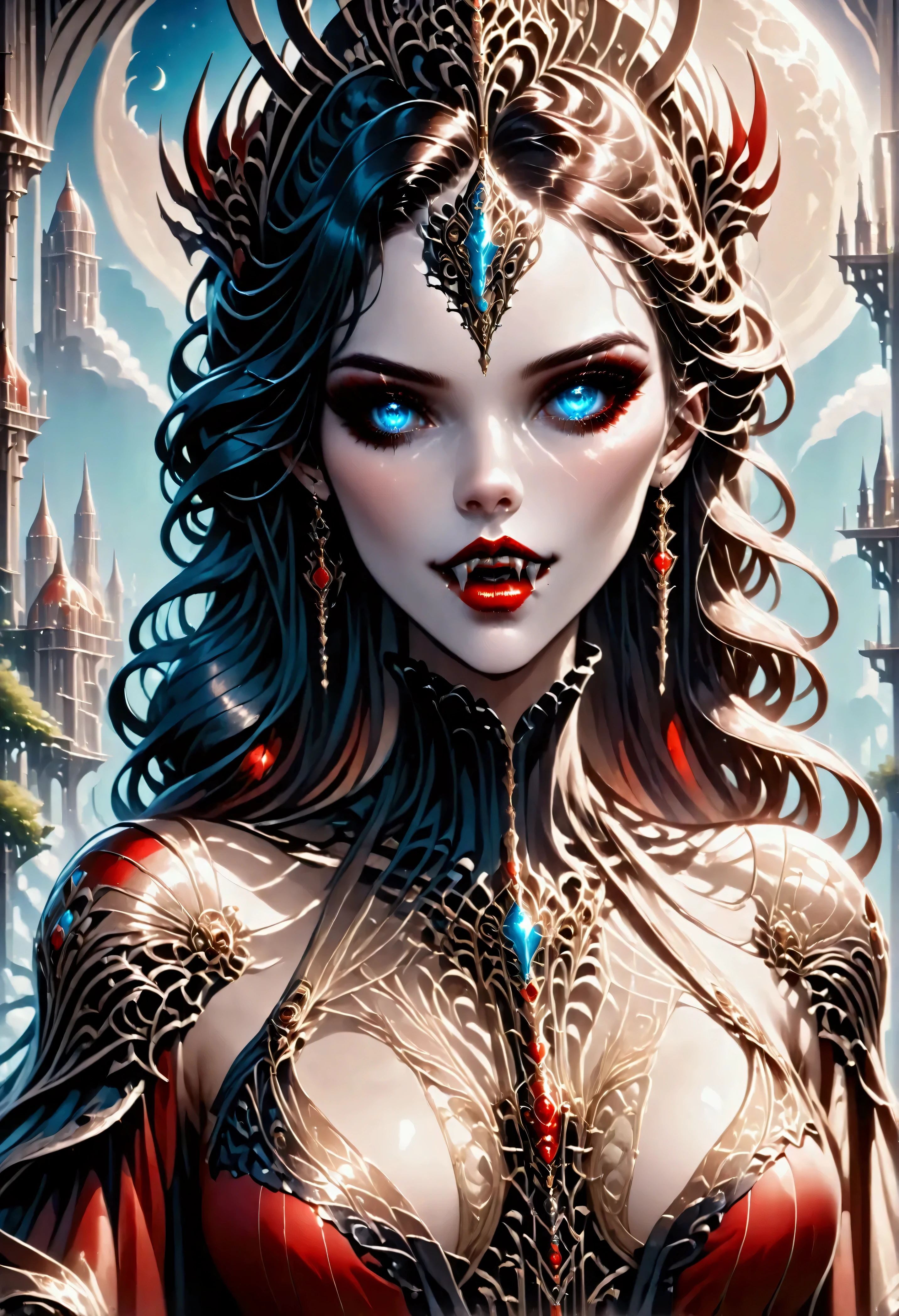 art deco illustration, gothic art, (masterpiece:1.5), full body best details, highly detailed, best quality, highres, full body portrait of a female vampire, (Masterpiece, best quality: 1.6), ultra feminine, with a long curvy hair, black hair, glowing blue eyes, busty, ((beautiful delicate face)), Ultra Detailed Face (intricate details, fantasy art, Masterpiece, best quality: 1.5), ((vampiric fangs 1.5)), flowing cloak (intricate details, fantasy art, Masterpiece, best quality: 1.3), wearing an intricate (red silk dress: 1.4) intricate leather dress (intricate details, fantasy art, Masterpiece, best quality: 1.5), high heeled boots, fantasy urban background (intense details, beat details), fantasy, at night light, natural ,moon light, clouds, gothic atmosphere, soft light, dynamic light, [[anatomically correct]], high details, best quality, 8k, [ultra detailed], masterpiece, best quality, (extremely detailed), dynamic angle, rpg portrait, photograph, Perfect Fangs,
