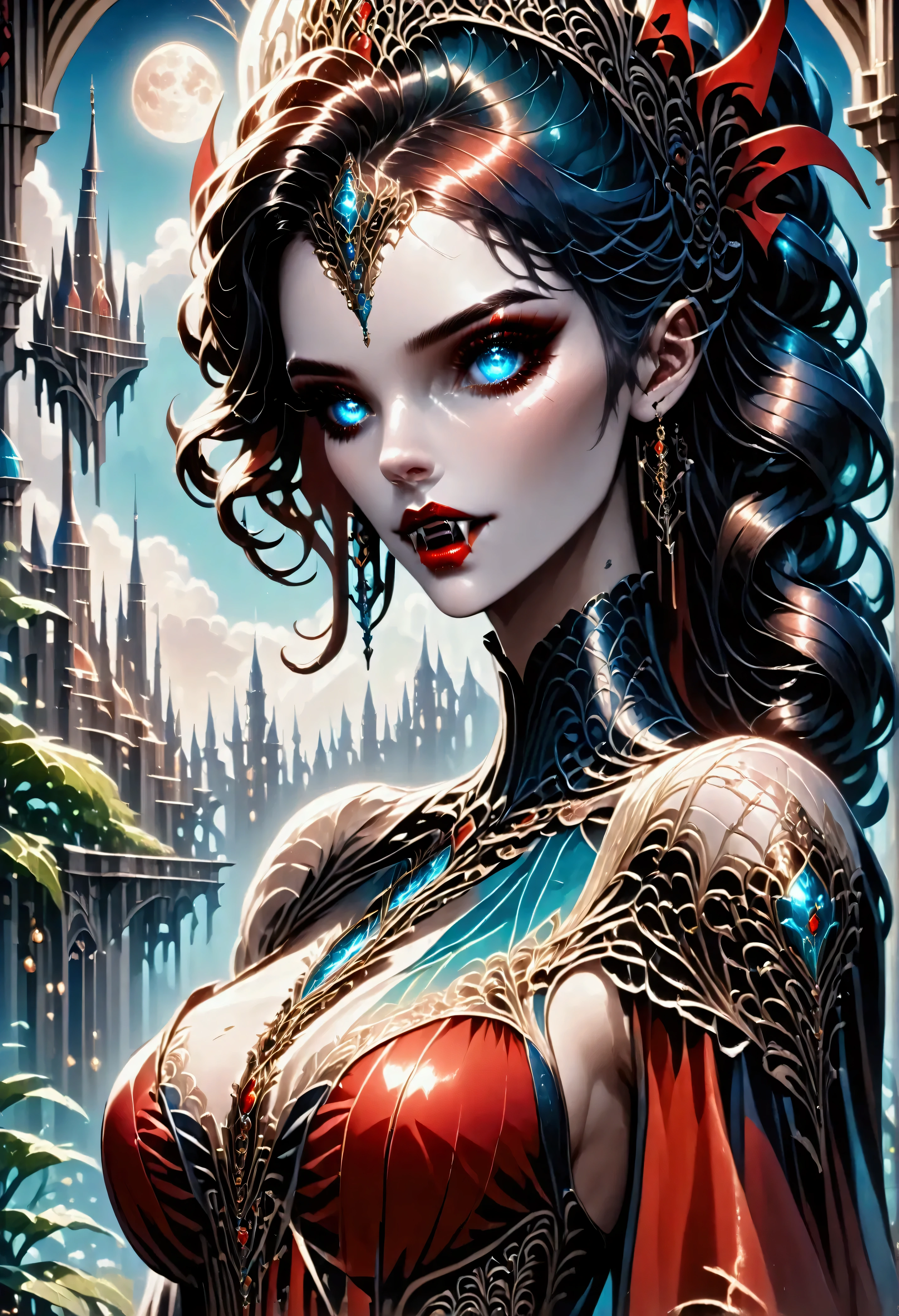 art deco illustration, gothic art, (masterpiece:1.5), full body best details, highly detailed, best quality, highres, full body portrait of a female vampire, (Masterpiece, best quality: 1.6), ultra feminine, with a long curvy hair, black hair, glowing blue eyes, busty, ((beautiful delicate face)), Ultra Detailed Face (intricate details, fantasy art, Masterpiece, best quality: 1.5), ((vampiric fangs 1.5)), flowing cloak (intricate details, fantasy art, Masterpiece, best quality: 1.3), wearing an intricate (red silk dress: 1.4) intricate leather dress (intricate details, fantasy art, Masterpiece, best quality: 1.5), high heeled boots, fantasy urban background (intense details, beat details), fantasy, at night light, natural ,moon light, clouds, gothic atmosphere, soft light, dynamic light, [[anatomically correct]], high details, best quality, 8k, [ultra detailed], masterpiece, best quality, (extremely detailed), dynamic angle, rpg portrait, photograph, Perfect Fangs,
