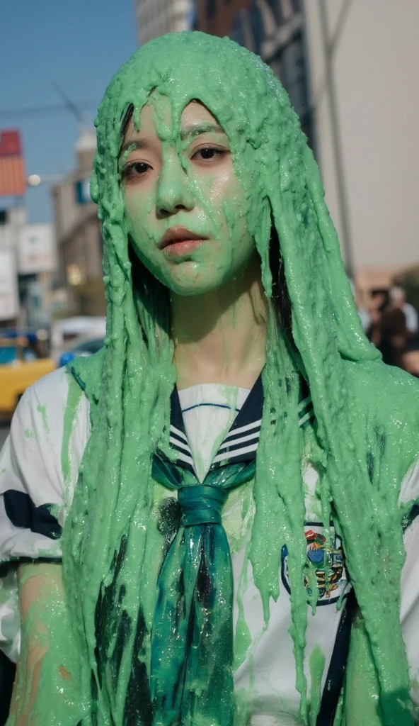 DSLR photograph. Beautiful Chinese woman covered in green water. Photorealistic. Wet liquid. Nasty slime. Raw photo. (Wearing schoolgirl sailor uniform: 1.2). New York City streets. Daytime. Green Slime. Dripping green goo. 21 years old. (Asian: 1.1). pigtails. Green water. Portrait photo. Beautiful Asian face.