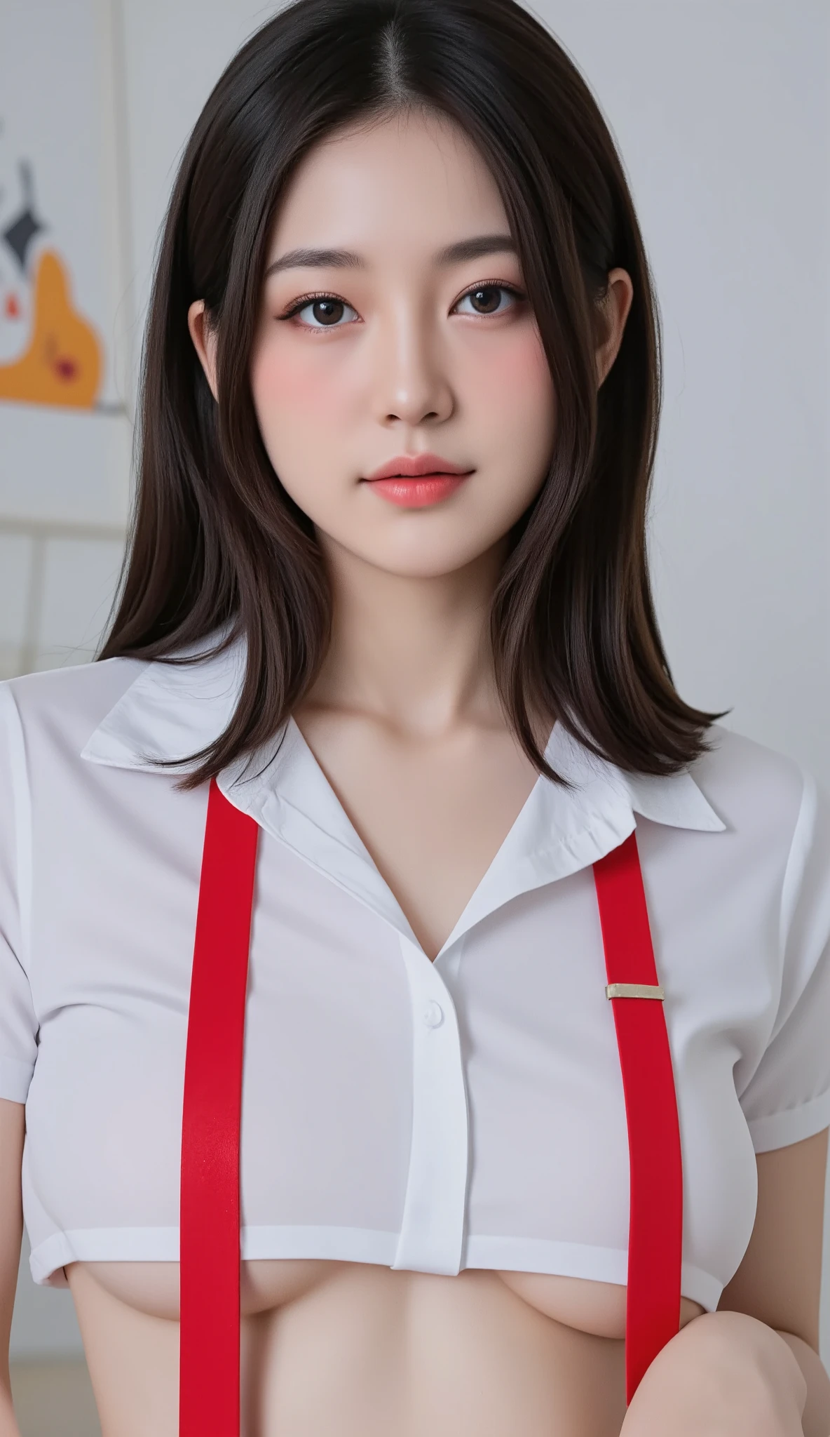 realistic girl with long black hair and a white shirt and red tie, seductive anime girl, from girls frontline, realistic schoolgirl, a hyperrealistic schoolgirl, gapmoe yandere, hyperrealistic schoolgirl, kantai collection style, beautiful anime high school girl, by Jin Homura, ecchi anime style, attractive anime girl, marin kitagawa fanart, yandere, croptop