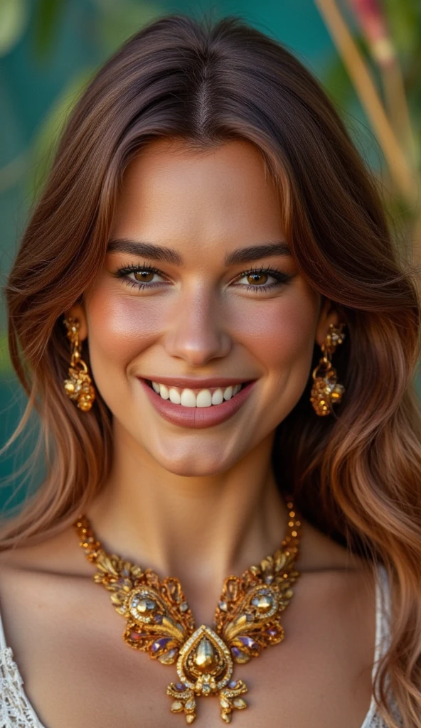 a girl smiling, in the style of reefwave, metalwork jewelry, goa-insprired motifs, eco-friendly craftsmanship, smooth and shiny, exotic, softly organic