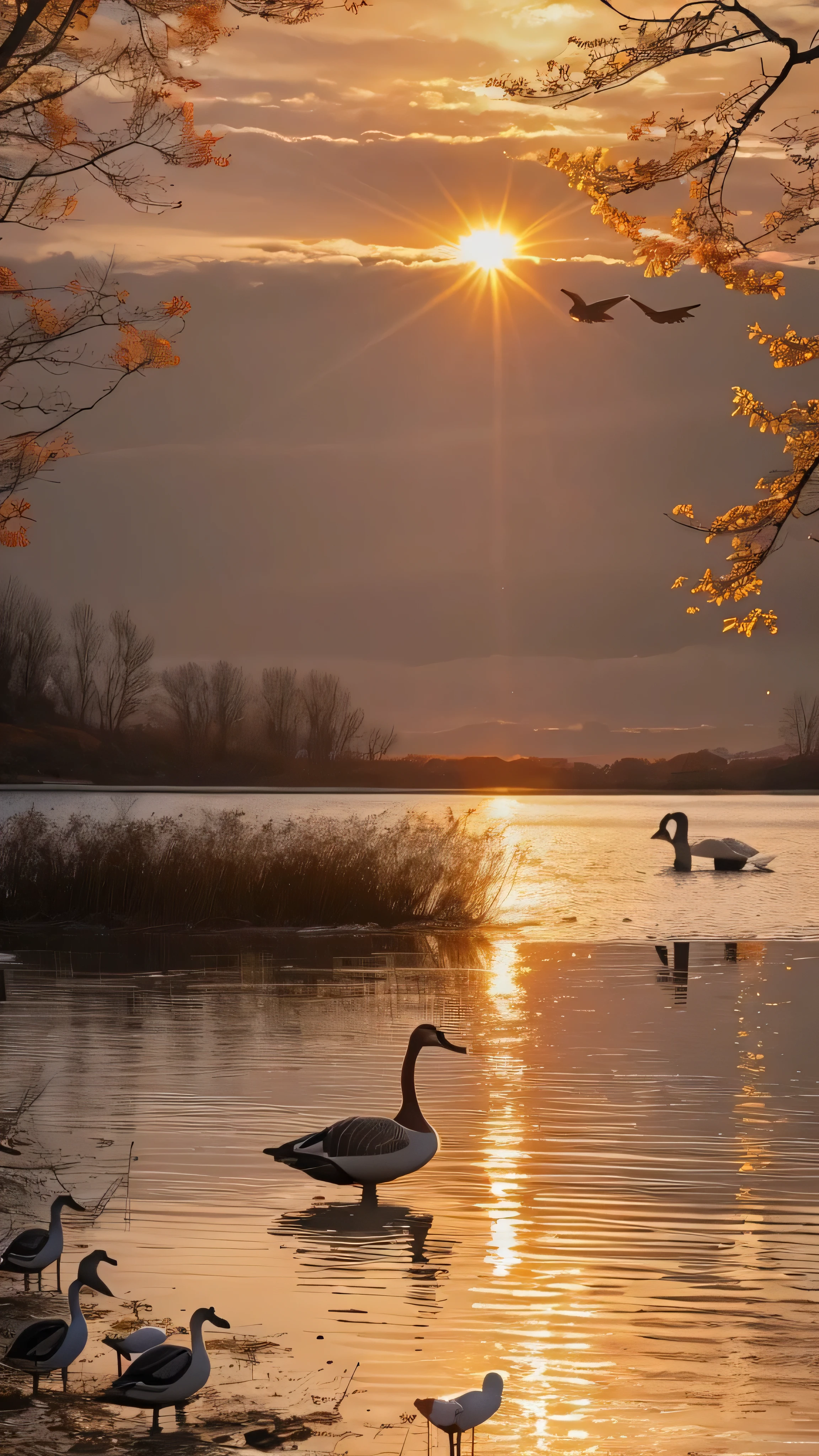  in high-definition images，The sun fades away with a lonely goose in the distance, The sun's rays fly along with geese in the lake、 the water of an autumn river is connected to the vast sky , 