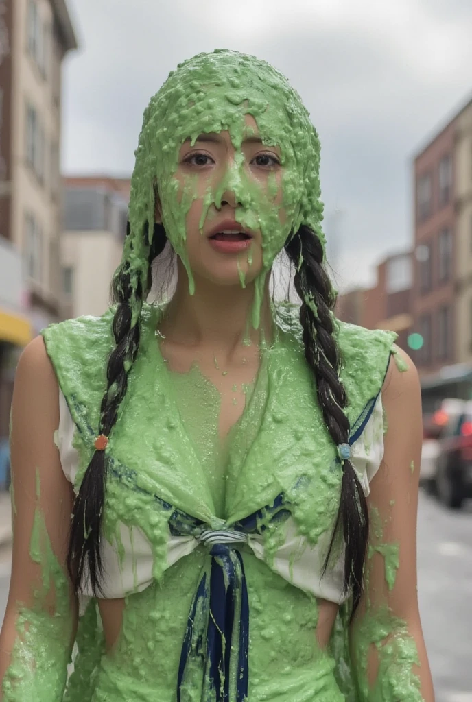 DSLR photograph. Beautiful Chinese woman covered in green water. Photorealistic. Wet liquid. Nasty slime. Raw photo. (Wearing schoolgirl sailor uniform: 1.2). New York City streets. Daytime. Green Slime. Dripping green goo. 21 years old. (Asian: 1.1). pigtails. Green water. Portrait photo. Beautiful Asian face. Cleavage.