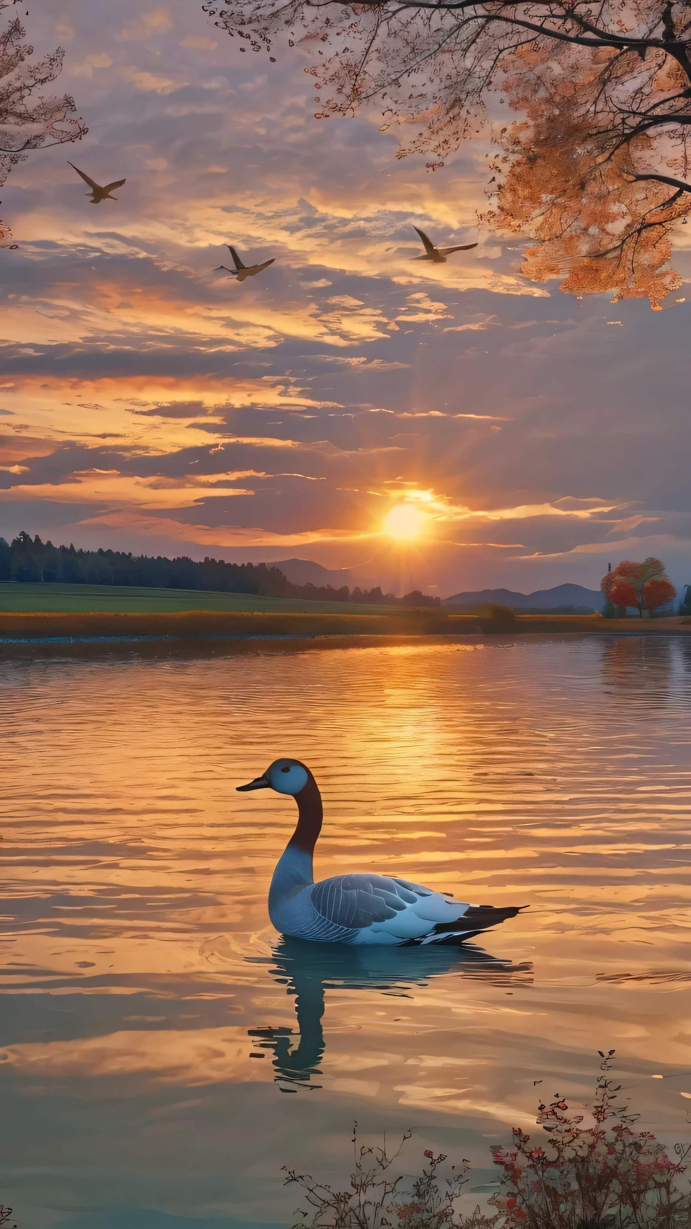  in high-definition images，The sun fades away with a lonely goose in the distance, The sun's rays fly along with geese in the lake、 the water of an autumn river is connected to the vast sky , 