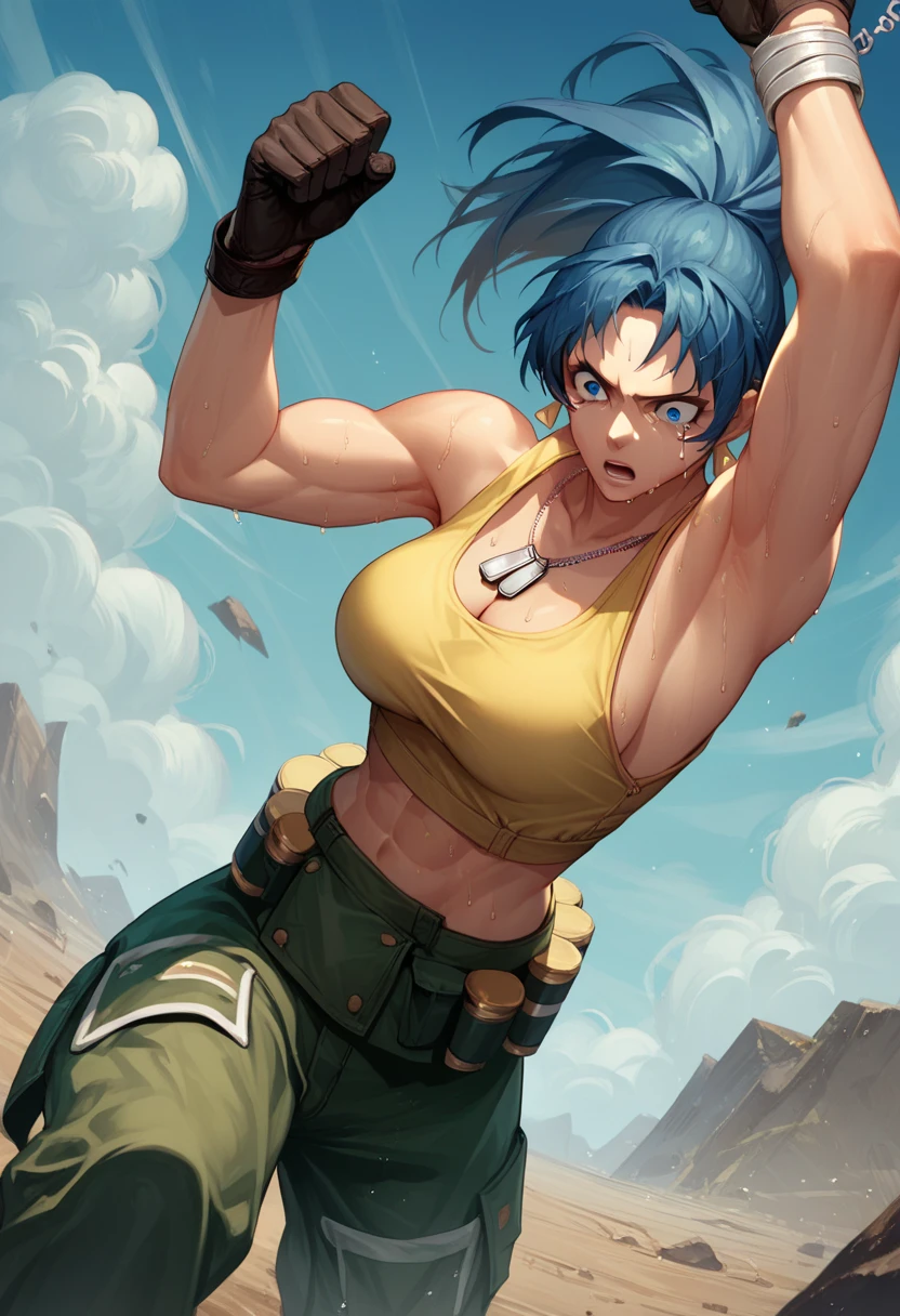 score_9, score_8_up, score_7_up, source_anime, solo, 1girl, Leona Heidern, dark yellow tank top, midriff, cleavage, camouflage pants, triangle earrings, black gloves, looking at armpit, parted lips, dark blue hair, blue eyes, ponytail, dog tags, military background, armpit open up, hands tied, muscular, sweaty, shoulder bracelet, looking at side, scared, open mouth, crying, blue sky, clear sky, lying on ground, military place 