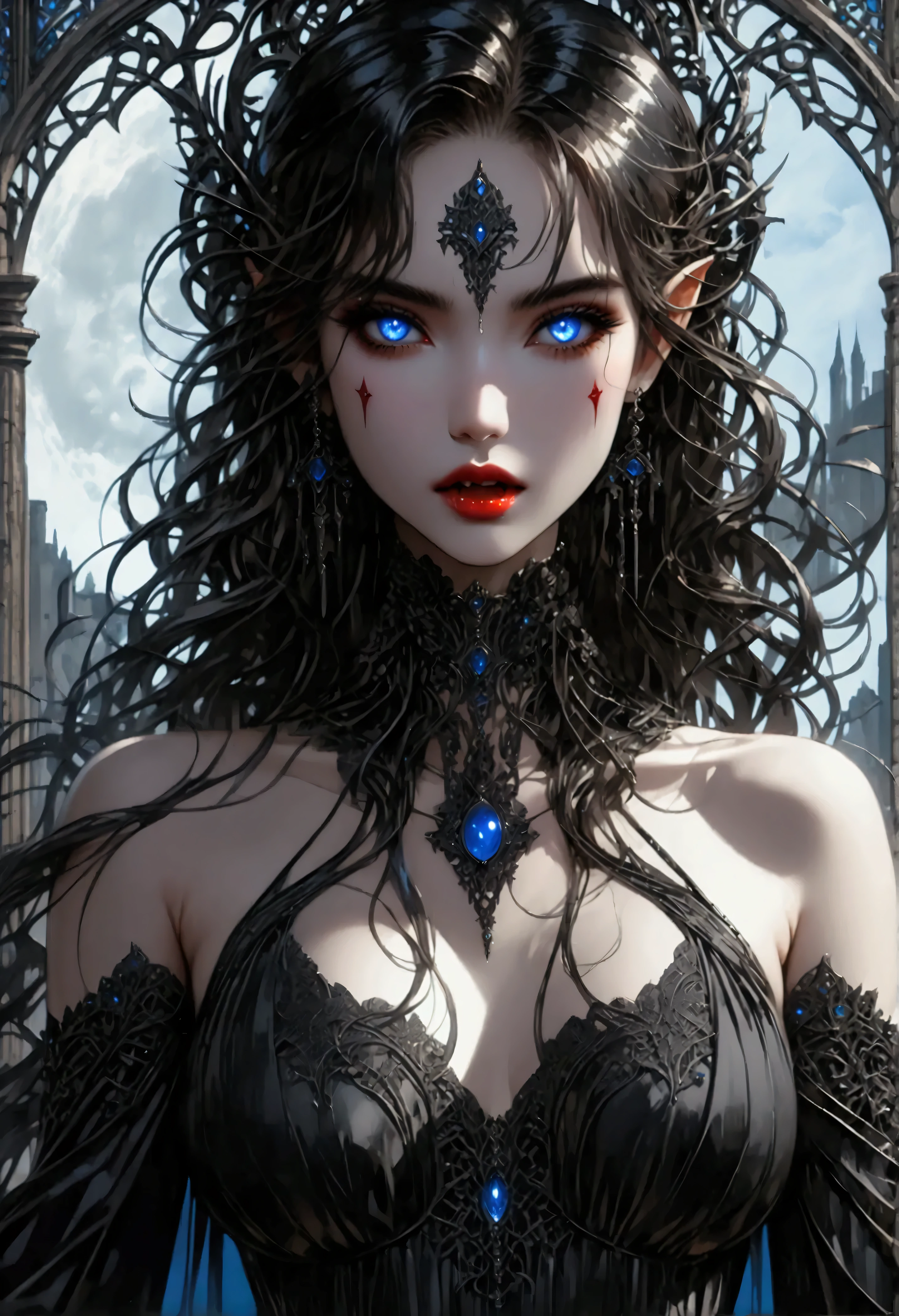 art deco illustration, gothic art, (masterpiece:1.5), full body best details, highly detailed, best quality, highres, full body portrait of a female vampire, (Masterpiece, best quality: 1.6), ultra feminine, with a long curvy hair, black hair, glowing blue eyes, busty, ((beautiful delicate face)), Ultra Detailed Face (intricate details, fantasy art, Masterpiece, best quality: 1.5), ((vampiric fangs 1.5)), flowing cloak (intricate details, fantasy art, Masterpiece, best quality: 1.3), wearing an intricate (black silk dress: 1.4) intricate leather dress (intricate details, fantasy art, Masterpiece, best quality: 1.5), high heeled boots, fantasy urban background (intense details, beat details), fantasy, at night light, natural ,moon light, clouds, gothic atmosphere, soft light, dynamic light, [[anatomically correct]], high details, best quality, 8k, [ultra detailed], masterpiece, best quality, (extremely detailed), dynamic angle, rpg portrait, photograph, Perfect Fangs,
