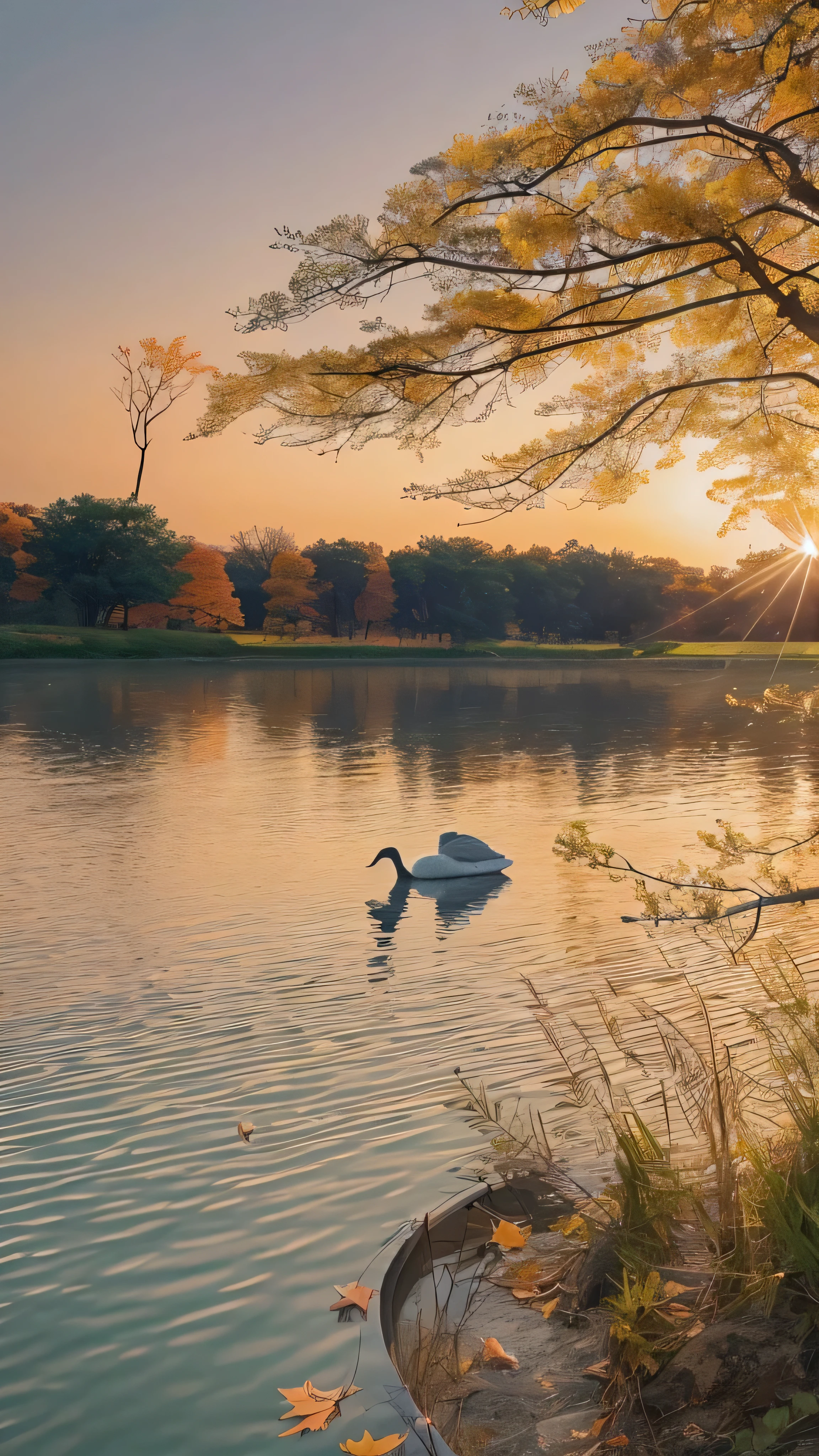  in high-definition images，The sun fades away with a lonely goose in the distance, The sun's rays fly along with geese in the lake、 the water of an autumn river is connected to the vast sky , 