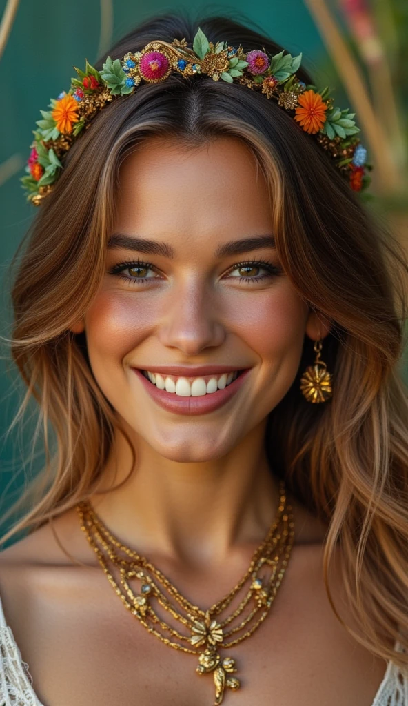 a girl smiling, in the style of reefwave, metalwork jewelry, goa-insprired motifs, eco-friendly craftsmanship, smooth and shiny, exotic, softly organic