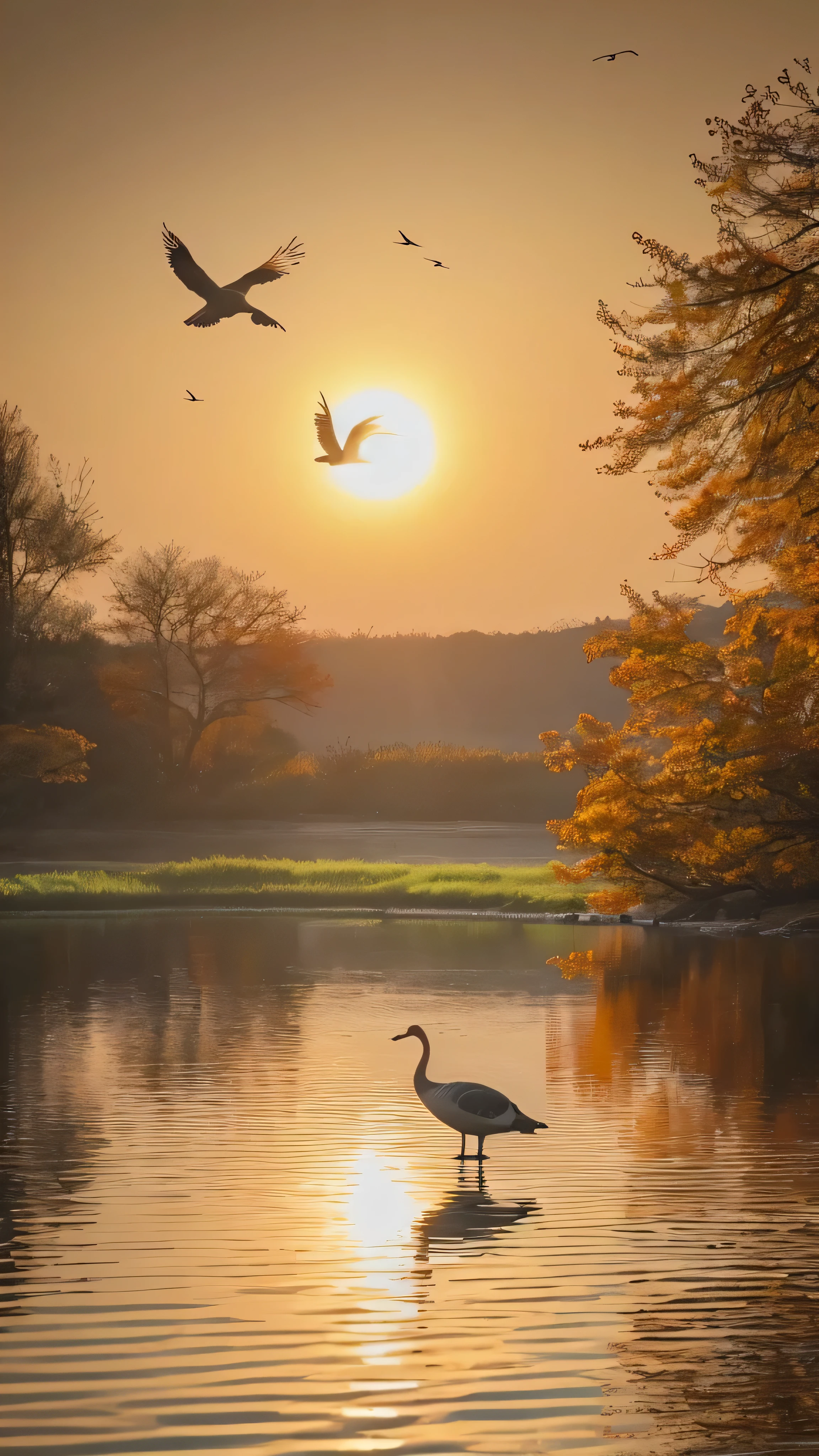  in high-definition images，The sun fades away with a lonely goose in the distance, The sun's rays fly along with geese in the lake、 the water of an autumn river is connected to the vast sky , 