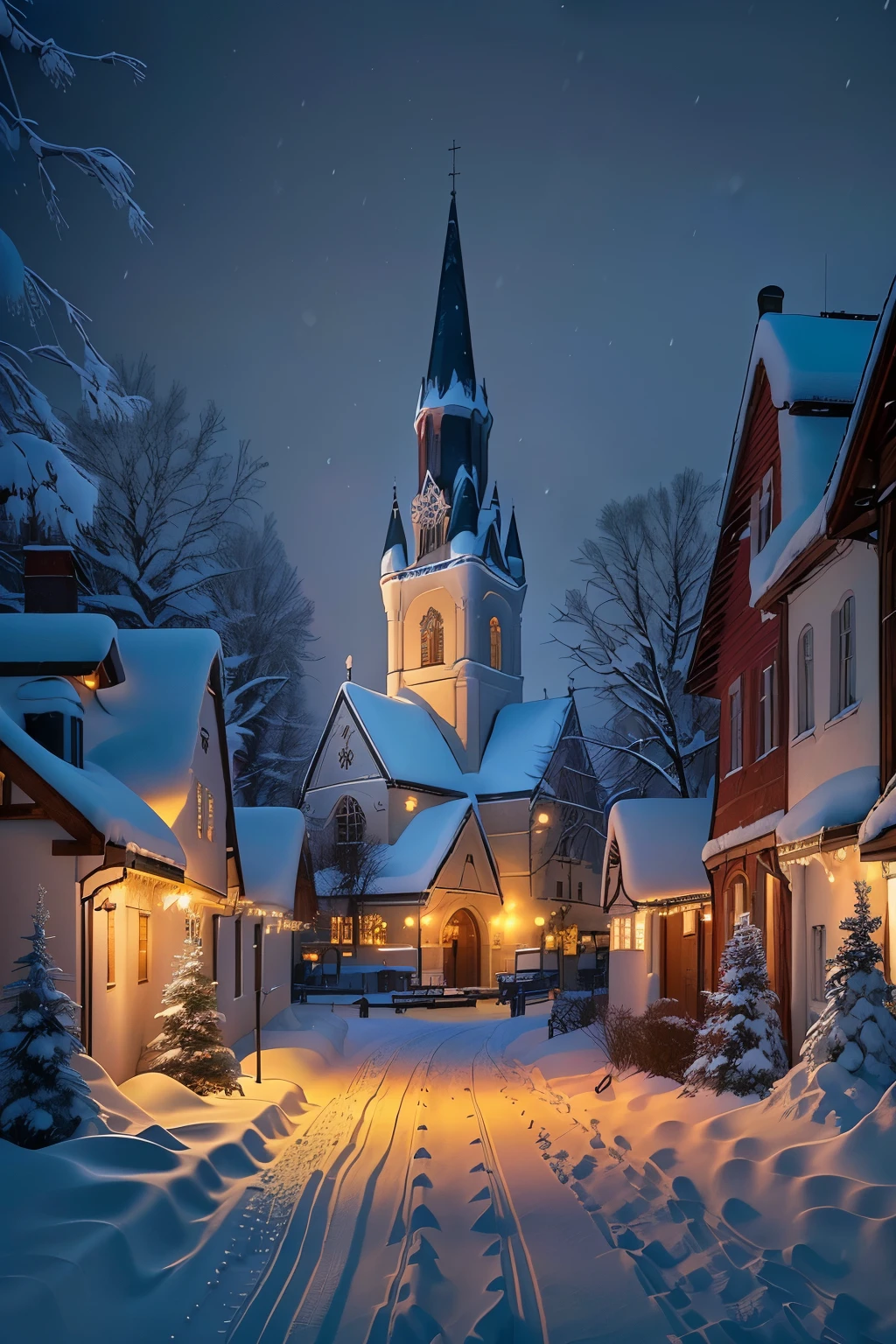 a snowy street with a church tower in the background, snowy winter christmas night, snowy winter, snowy night, very magical and dreamy, winter night, winter wonderland, light snowfall, beautiful lit, 8k)), snowy winter scene, winter in the snow, winter scene fantasy, magical village, snow glow, perfect lighting in a snow storm, snowfall at night, winter setting