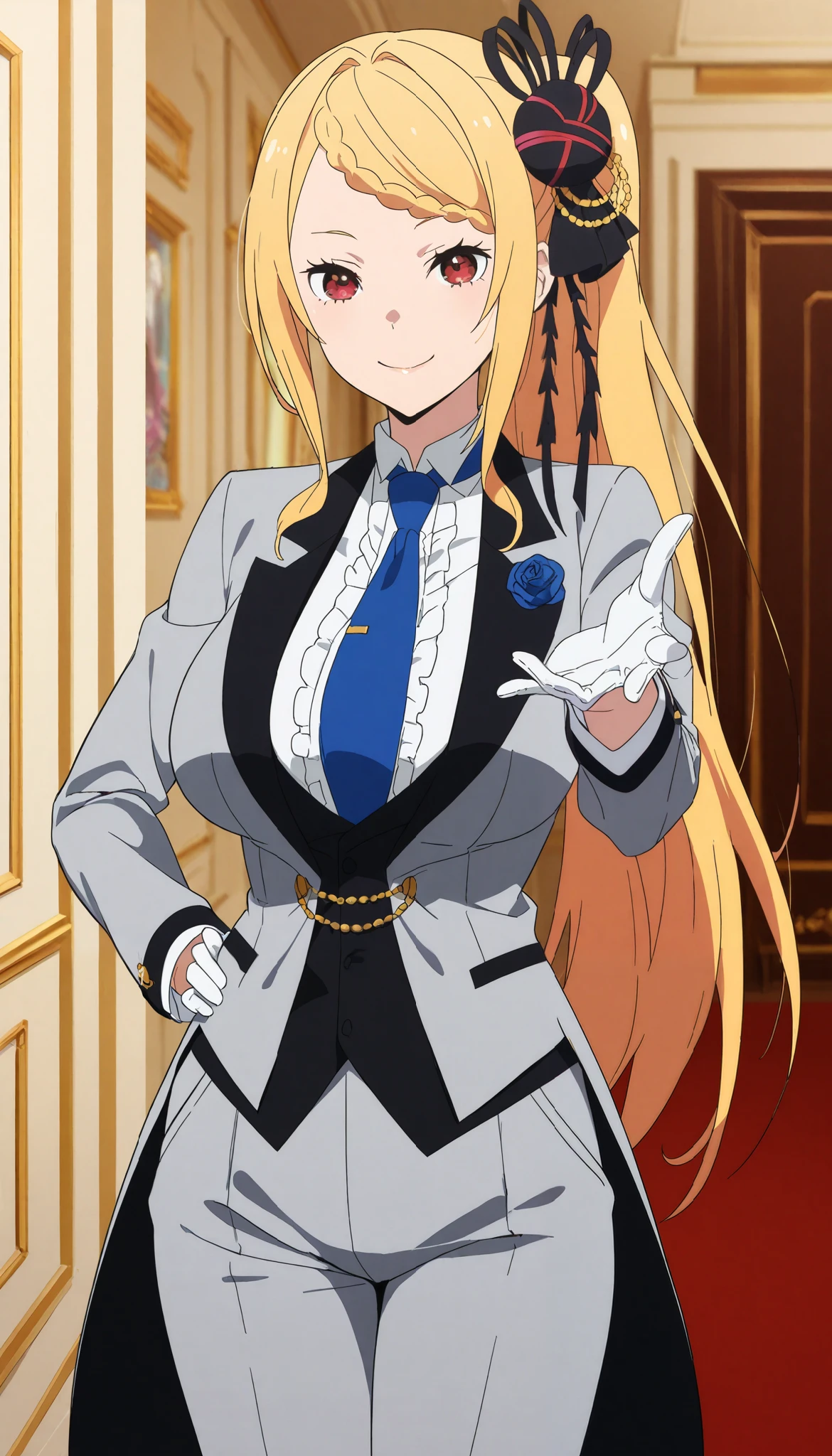 priscilla barielle, long hair, blonde hair, red eyes, large breasts, 
hair ornament, gloves, score_9, score_8_up, score_7_up, score_6_up, score_5_up, score_4_up1girl, solo, ,, suit tuxedo , , long hair, bangs, sidelocks, indoors, standing,happy,smile,looking at viewer, cowboy shot, blue tie woman in formal attractive suit tuxedo tailcoat standing in a large alcove in the room, , reaching towards viewer , one hand , badass , hand on back