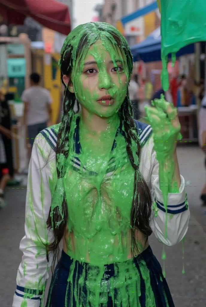 DSLR photograph. Beautiful Chinese woman covered in green water. Photorealistic. Wet liquid. Nasty slime. Raw photo. (Wearing schoolgirl sailor uniform: 1.2). New York City streets. Daytime. Green Slime. Dripping green goo. 21 years old. (Asian: 1.1). pigtails. Green water. Portrait photo. Beautiful Asian face. Big chest.