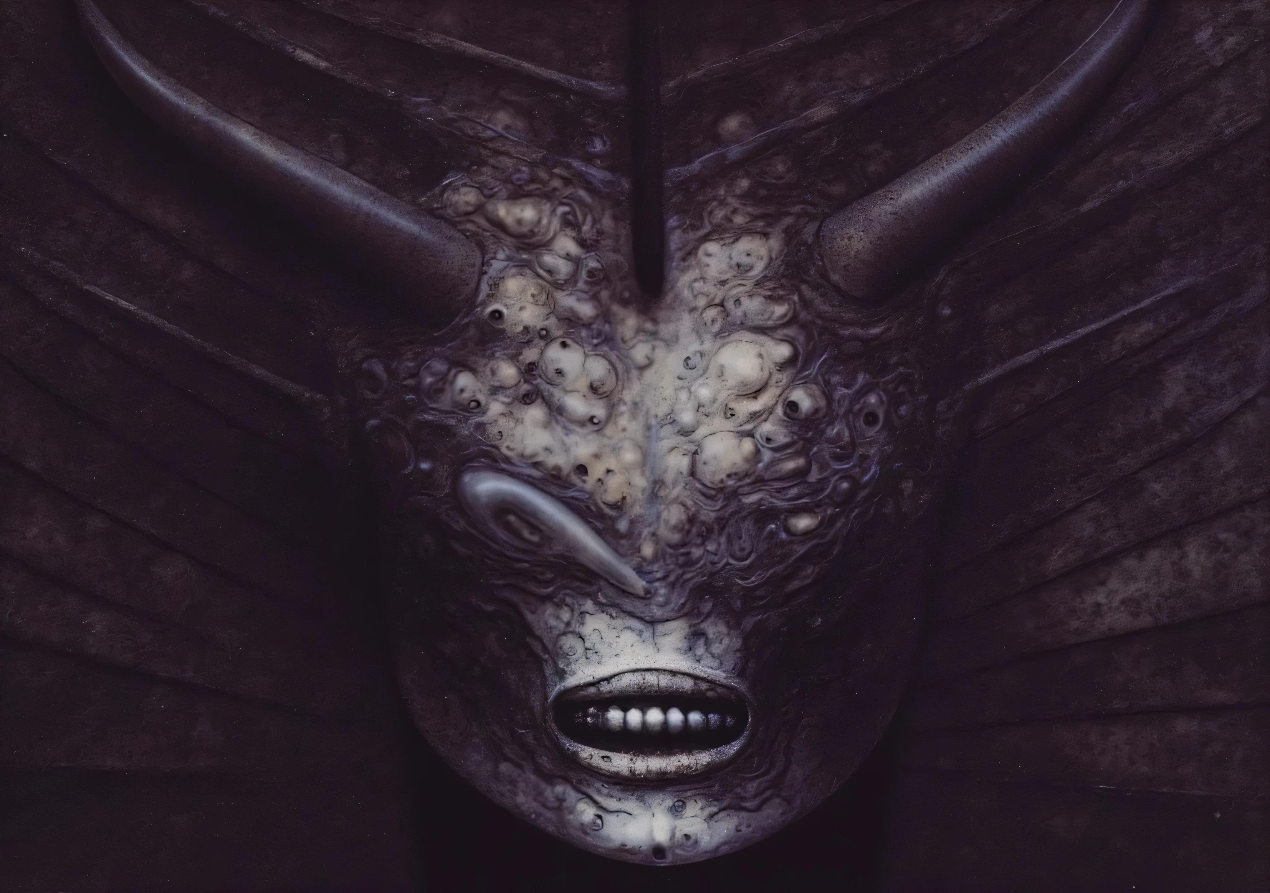 H. R. Giger's g1g3r, , Giger_style, , The image is a detailed view of H.R. Giger's \" Li II \" plate, featuring HRGGR, H.R. GIGER. g1g3r 3t3rn1ty,alien creature, dark alien architecture machine (best quality:1.4). Giger's biomechanical tableau features a close-up of a face with a detailed, textured surface. The face is adorned with a crown of horns, suggesting a fantastical or mythical theme.. (Isometric positioning:1.4)
, (Triadic:1.1), (Proportion:1.1), , (Reflected light:1.2), Parchment, , ultra detailed, intricate,, dry b (best quality:1.4), H.R. GIGER, BY GIGER