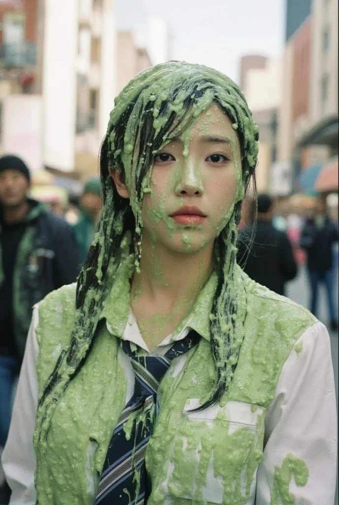 DSLR photograph. Beautiful Chinese woman covered in green water. Photorealistic. Wet liquid. Nasty slime. Raw photo. New York City streets. Daytime. Green Slime. Dripping green goo. 21 years old. (Asian: 1.1). pigtails. Green water. Portrait photo. Beautiful Asian face. Cleavage. White button dress shirt with cleavage reveal. Necktie.