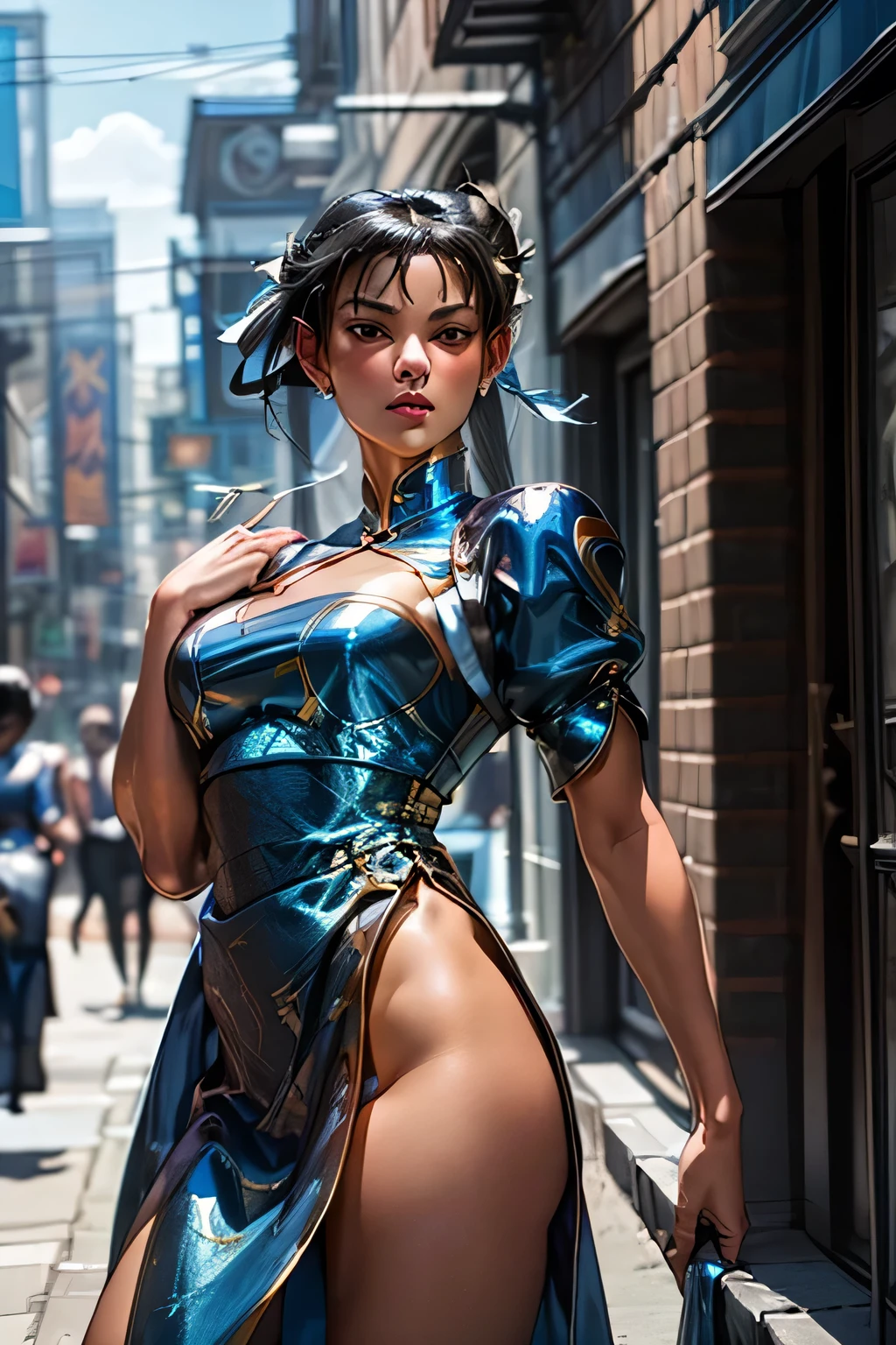 top quality , highest resolution,(((blue china dress with metallic luster Shiny Black Hair ))) Chunli Around town athletic