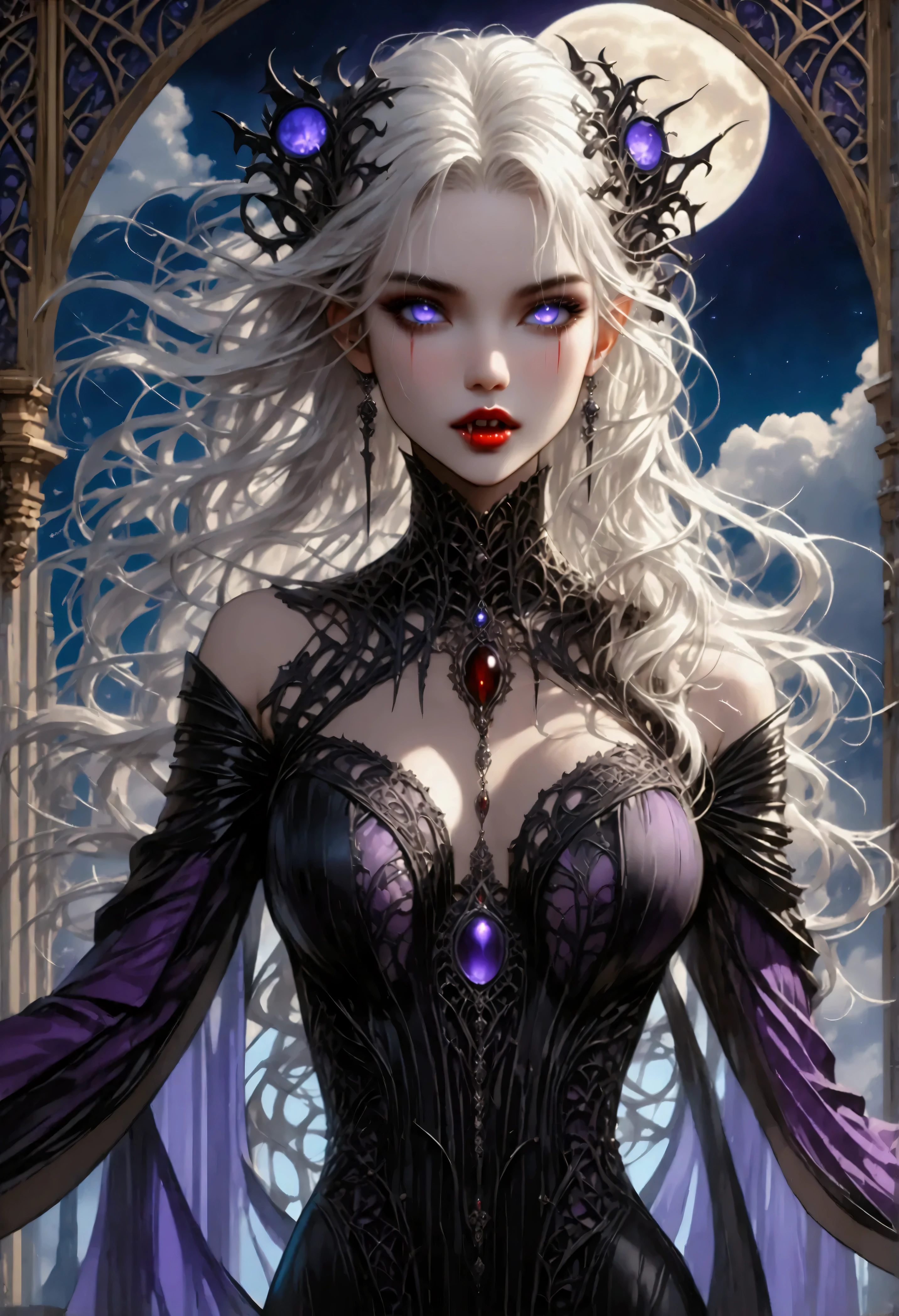 art deco illustration, gothic art, (masterpiece:1.5), full body best details, highly detailed, best quality, highres, full body portrait of a female vampire, (Masterpiece, best quality: 1.6), ultra feminine, with a long curvy hair, white hair, glowing blue eyes, busty, ((beautiful delicate face)), Ultra Detailed Face (intricate details, fantasy art, Masterpiece, best quality: 1.5), ((vampiric fangs 1.5)), flowing cloak (intricate details, fantasy art, Masterpiece, best quality: 1.3), wearing an intricate (purple silk dress: 1.4) intricate silk dress (intricate details, fantasy art, Masterpiece, best quality: 1.5), high heeled boots, fantasy urban background (intense details, beat details), fantasy, at night light, natural ,moon light, clouds, gothic atmosphere, soft light, dynamic light, [[anatomically correct]], high details, best quality, 8k, [ultra detailed], masterpiece, best quality, (extremely detailed), dynamic angle, rpg portrait, photograph, Perfect Fangs,
