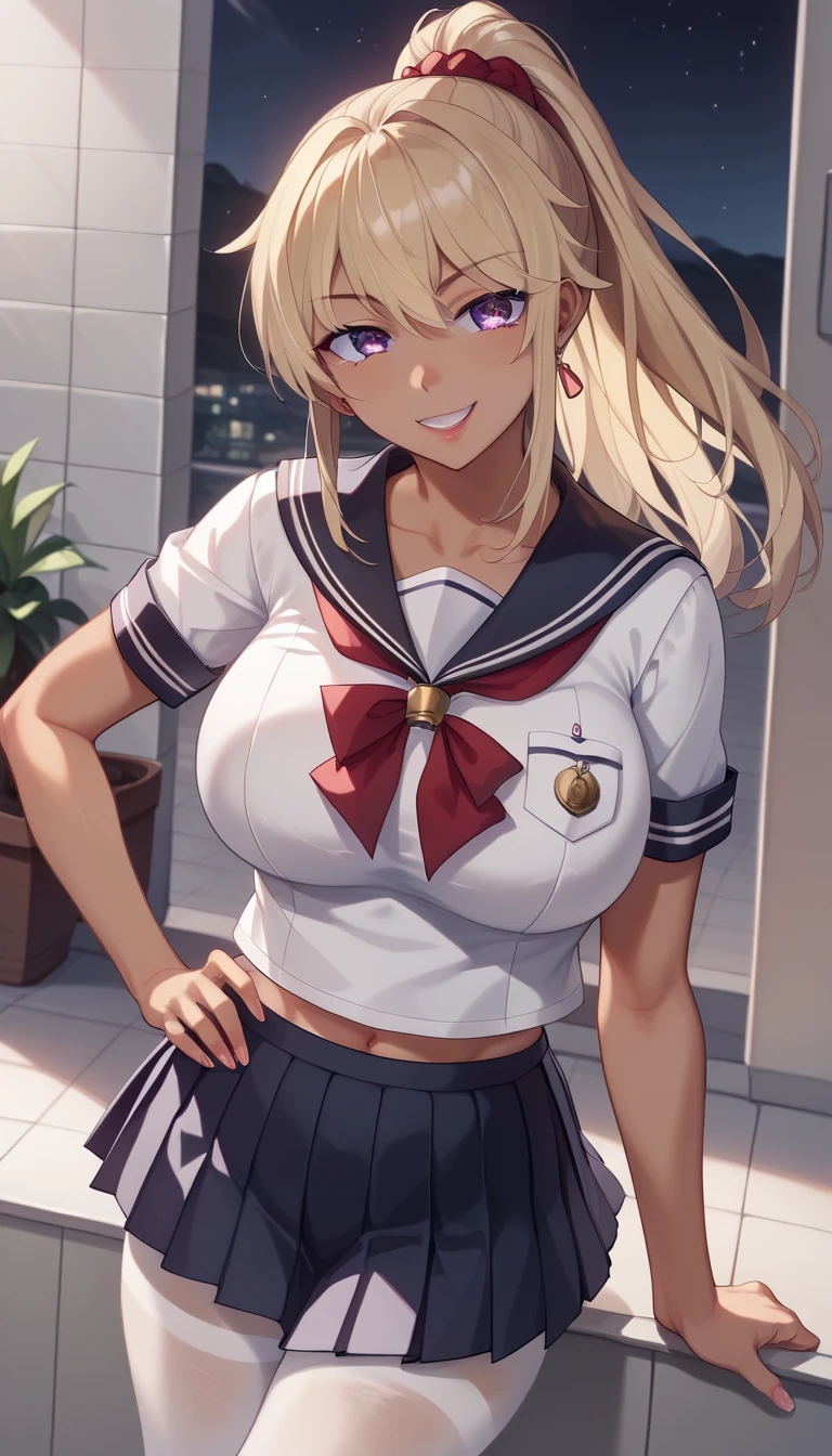 (In 8K、 Original photo、 top quality 、​masterpiece:1.2)、(2024 anime style:1.37)、 ultra-detailed、1 Japanese schoolgirl 、 cute little 、solo、 beautiful detailed sky 、(Tanned  dark brown skin )、 dark brown skin 、(Dyed blonde)、Blonde、 seductive smile、bedroom、 professional lighting、Sony A7R4、Zessie 50mm f1.8、 beautiful detailed eyes、( sailor suit)、( pleated skirt)、( big breasts
white pantyhose)、( ponytail hair:1.2)、Floating Hair、Like the whole body