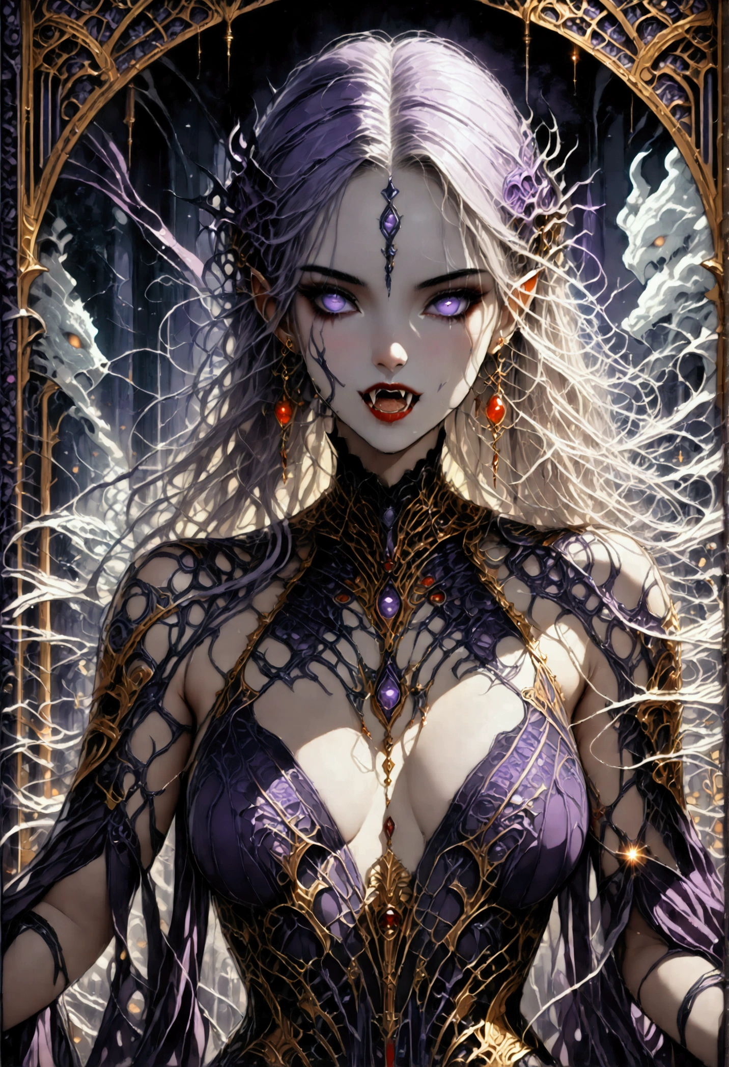 art deco illustration, gothic art, (masterpiece:1.5), full body best details, highly detailed, best quality, highres, full body portrait of a female vampire, (Masterpiece, best quality: 1.6), ultra feminine, with a long curvy hair, white hair, glowing blue eyes, busty, ((beautiful delicate face)), Ultra Detailed Face (intricate details, fantasy art, Masterpiece, best quality: 1.5), ((vampiric fangs 1.5)), flowing cloak (intricate details, fantasy art, Masterpiece, best quality: 1.3), wearing an intricate (purple silk dress: 1.4) intricate silk dress (intricate details, fantasy art, Masterpiece, best quality: 1.5), high heeled boots, fantasy urban background (intense details, beat details), fantasy, at night light, natural ,moon light, clouds, gothic atmosphere, soft light, dynamic light, [[anatomically correct]], high details, best quality, 8k, [ultra detailed], masterpiece, best quality, (extremely detailed), dynamic angle, rpg portrait, photograph, Perfect Fangs,
