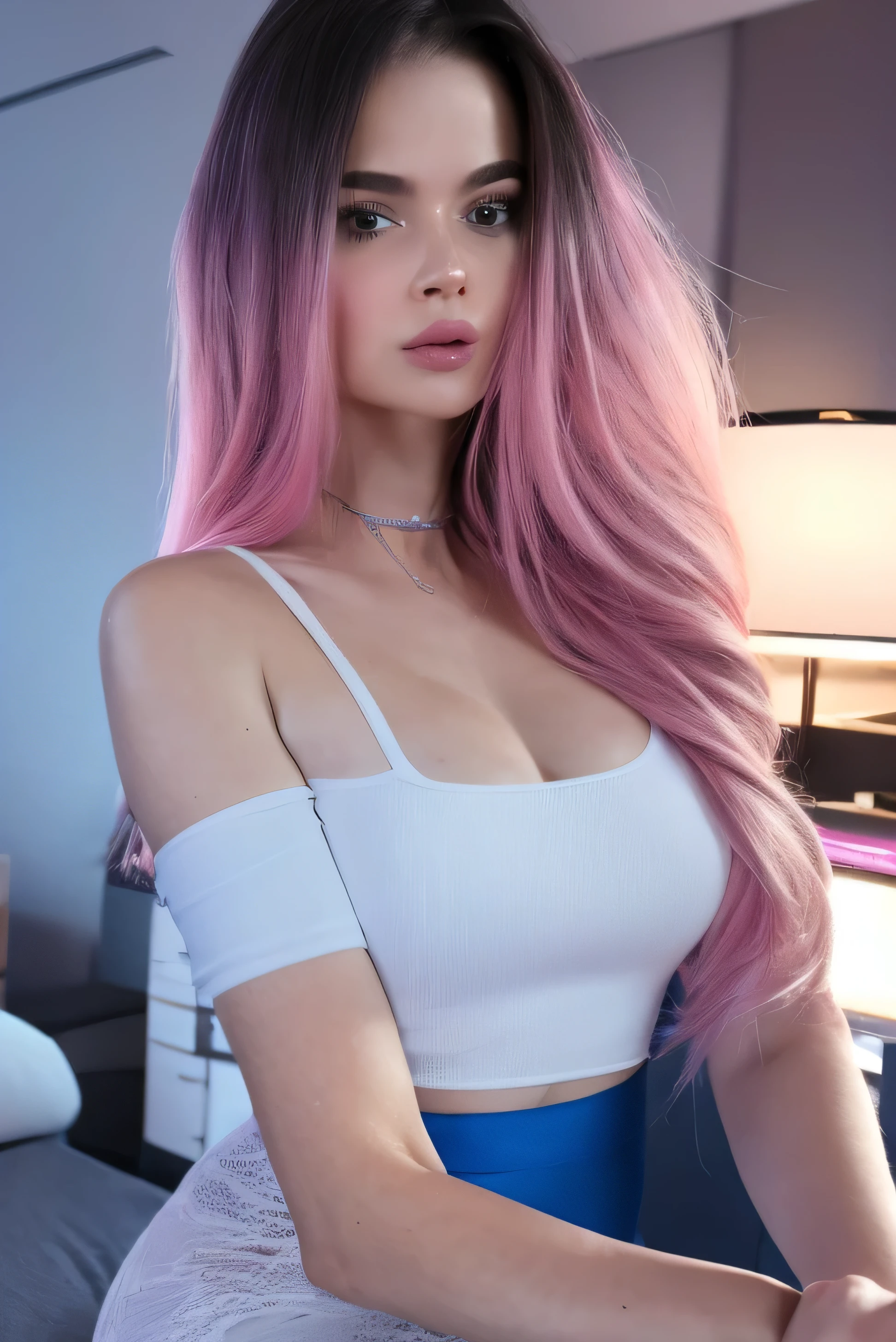 Model, that wears rubber gloves up to the wrist. Die Handschihe sind Pink. The woman has done long fingernails. She wears a clean bracelet from Pandora. And wears a transparent breast holder, which goes over the whole breasts.