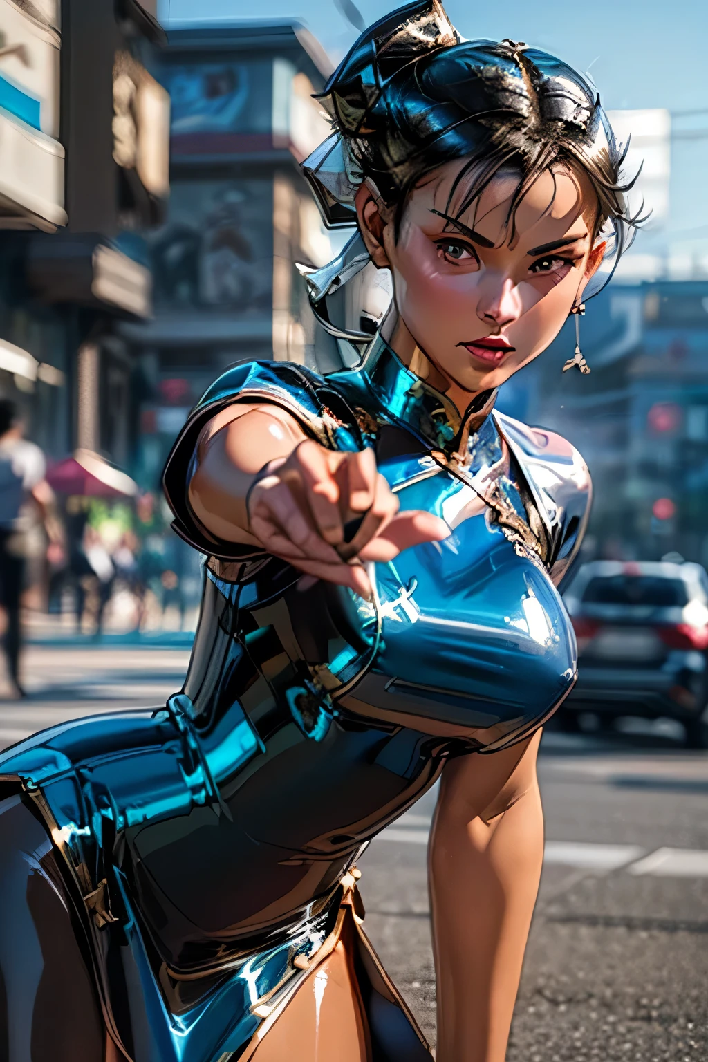 top quality , highest resolution,(((metallic shiny latex blue china dress Shiny Black Hair ))) Chunli Around town athletic