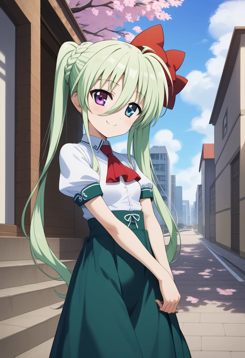 score_9, score_8_ up, score_7_ up, score_6_ up, score_5_ up, score_4_ up,  Source_Anime, AAEINHARD  ,  make you look younger,  long hair,  green hair sitting on the stairs in the alley  ,  ,  twin tails,  hair bow,  Heterochromia ,  small breasts,  school uniform,  Red Ascot ,  white shirt,  Puffy Short Sleeves, Crossed Clothes ,  High Waist Skirt ,  green skirt,  turn your arms around your back,  in,  bend your back,  standing, Outdoor,   open mouse, cherry blossoms, smile, road, city,