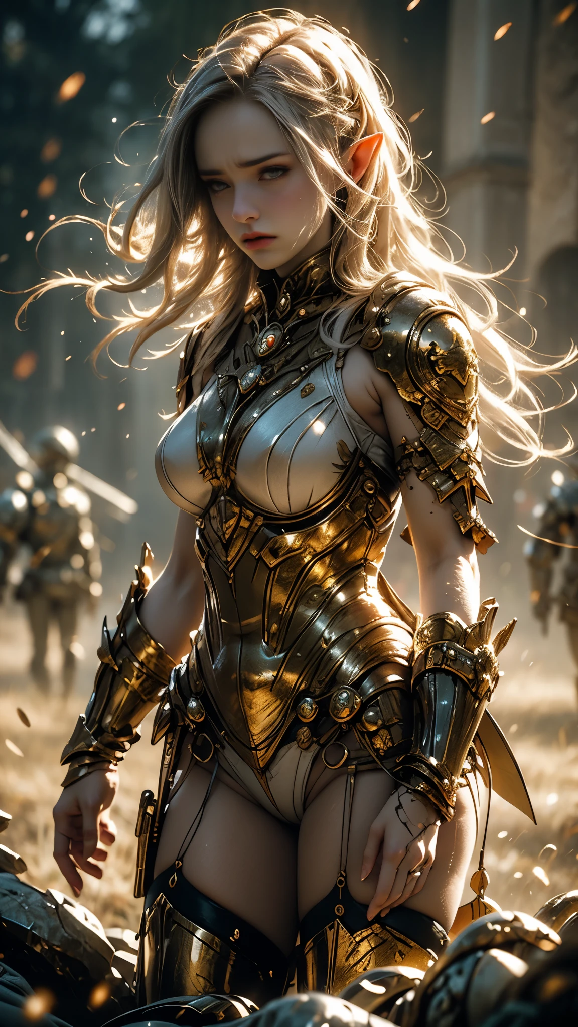 Stunning illustration of a beautiful female elf wearing ornate silver armor standing on battlefield among fallen soldiers, cinematic lighting, rim lighting, cowboy shot.