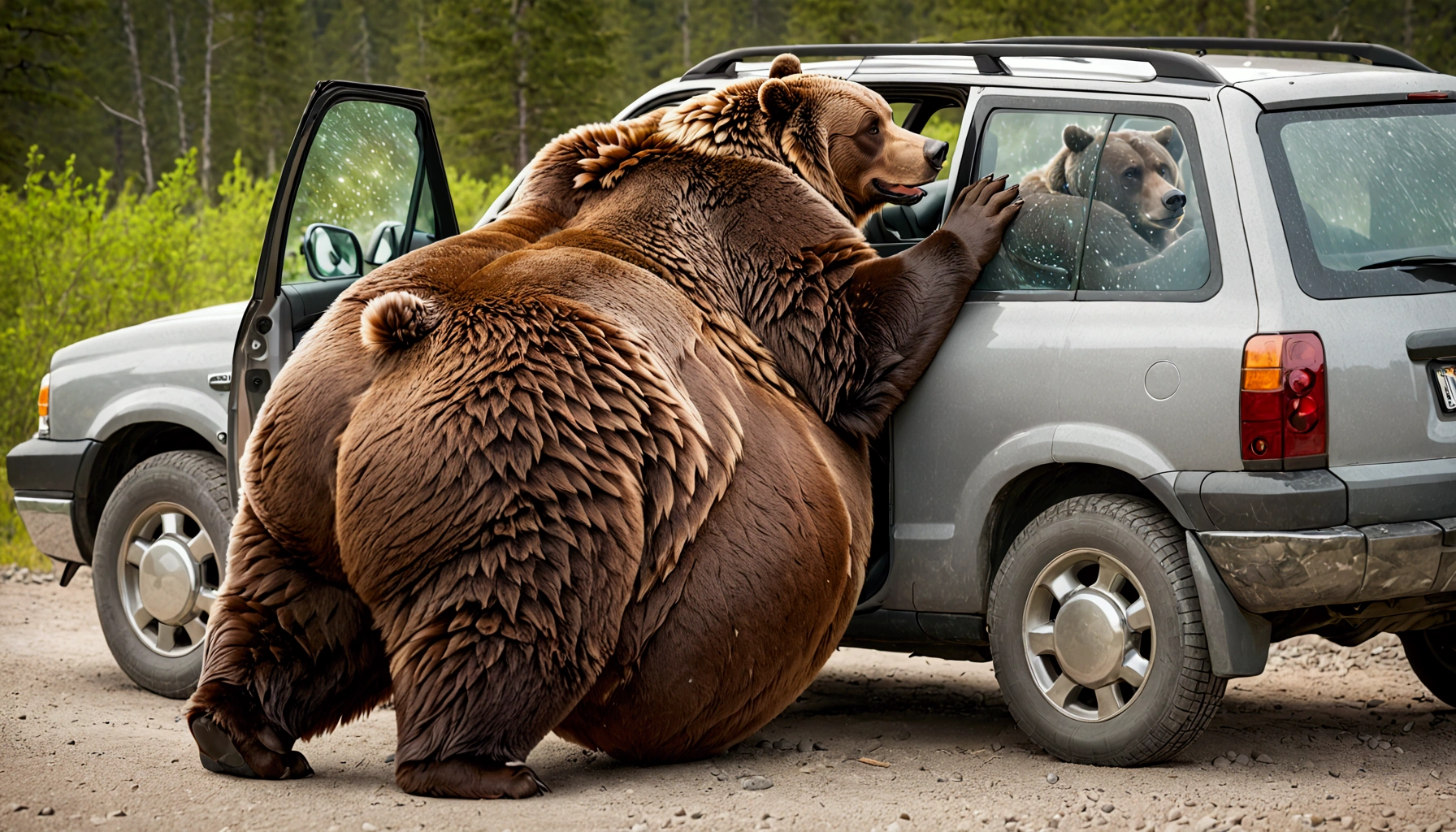 A massive grizzly bear with an unbelievably extremely massive belly, so heavy it drags along the ground, struggles to fit through the narrow doorway of a car. Its belly presses tightly against the edges of the frame, bulging slightly as it slowly pushes forward, causing the car to creak under the strain. The bear's fur brushes against the door as it inches through, its sheer size making the task difficult but not impossible, creating a tense yet humorous moment.