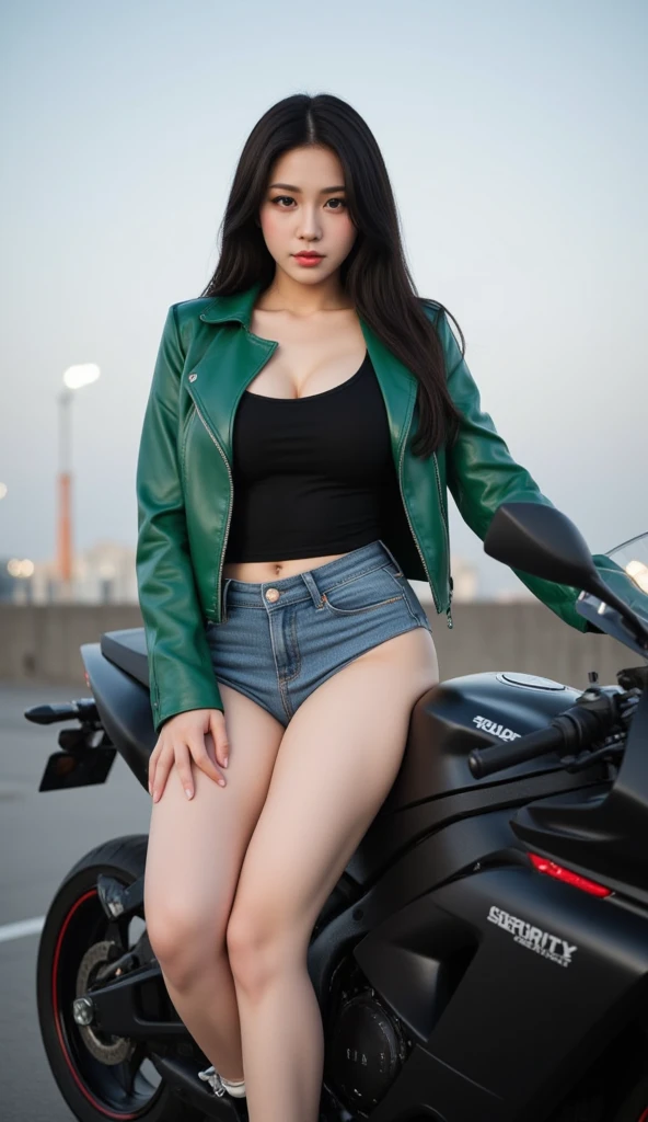 "Create a photorealistic 2K half-body image of a beautiful Korean woman with long legs, hourglass body, and flawless white skin. She has long, silky black hair flowing naturally. She is wearing a stylish motorcyle green jacket over a fitted black top, paired with short denim hotpants that accentuate her figure. The woman is seated confidently on a sleek, futuristic security motorcycle, with one hand resting on the handlebars and the other on her thigh. The background features a sleek, urban cityscape with soft lighting, creating a modern, cool vibe."