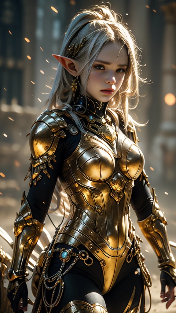 Stunning illustration of a beautiful female elf wearing ornate silver armor standing on battlefield, cinematic lighting, rim lighting, cowboy shot.