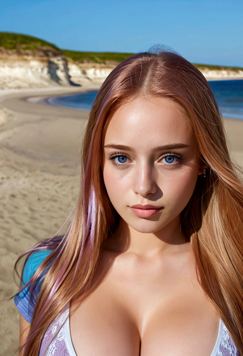 (((beach with pink sand, blue sea and sun)), (masterpiece, best quality), (a 20 year old girl), (close-up of a naked woman sitting), (alone), ((full body)), ((perfect and very detailed face)), ((eyes with heterochromia, blonde and purple hair)), ((naked)), ((mole under the eye)), big breasts, the background is beautiful, tumble weed, cinematic light, sunny day, dramatic lighting, ultra details, 8k, photography style.