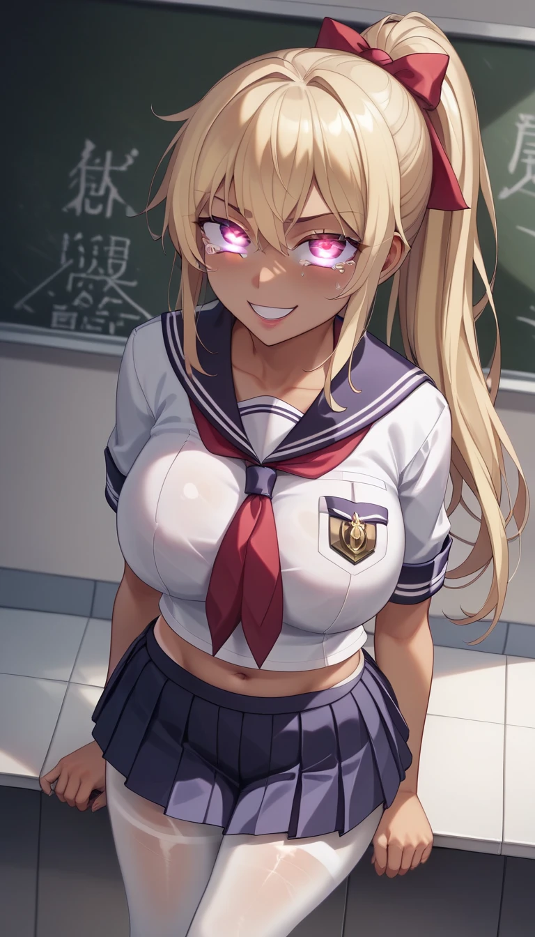 (In 8K、 Original photo、 top quality 、​masterpiece:1.2)、(2024 anime style:1.37)、 ultra-detailed、1 Japanese schoolgirl 、 cute little 、solo、 beautiful detailed sky 、(Tanned  dark brown skin )、 dark brown skin 、(Dyed blonde)、Blonde、 seductive smile、bedroom、 professional lighting、Sony A7R4、Zessie 50mm f1.8、 beautiful detailed eyes、( sailor suit)、( pleated skirt)、( big breasts
white pantyhose)、( ponytail hair:1.2)、Floating Hair、Like the whole body、tears、Mysteriously glowing eyes、Clear purple liquid is leaking from the ear